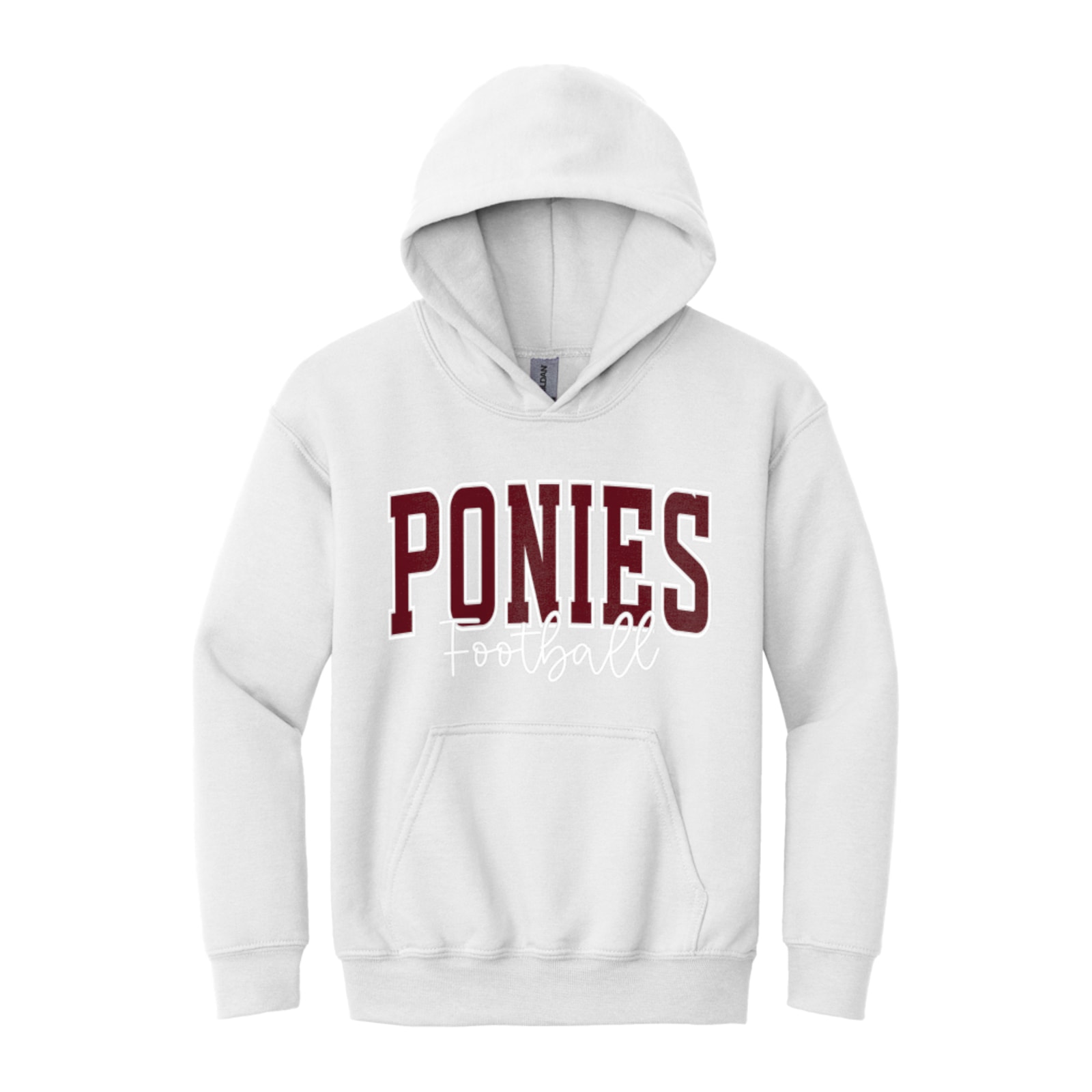 Ponies football arc maroon white Gildan - Youth Heavy Blend Hooded Sweatshirt. 18500B