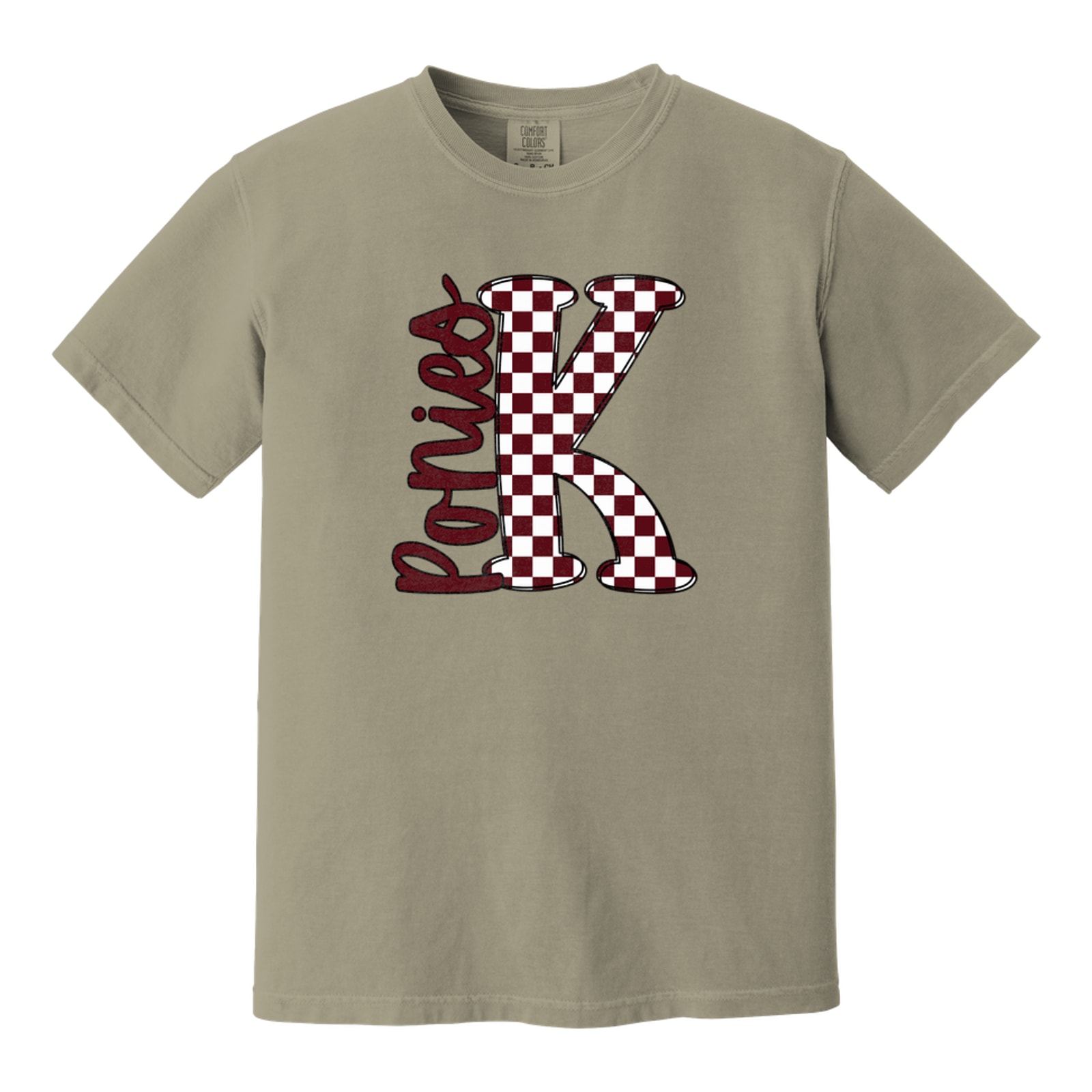 K big letter checkered ponies maroon white black Comfort Colors 1717