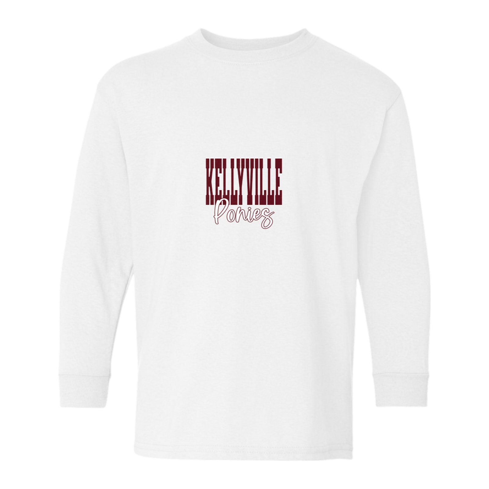 Kellyville ponies maroon white duo block script Gildan Youth Heavy Cotton 100% Cotton Long Sleeve T-Shirt. 5400B