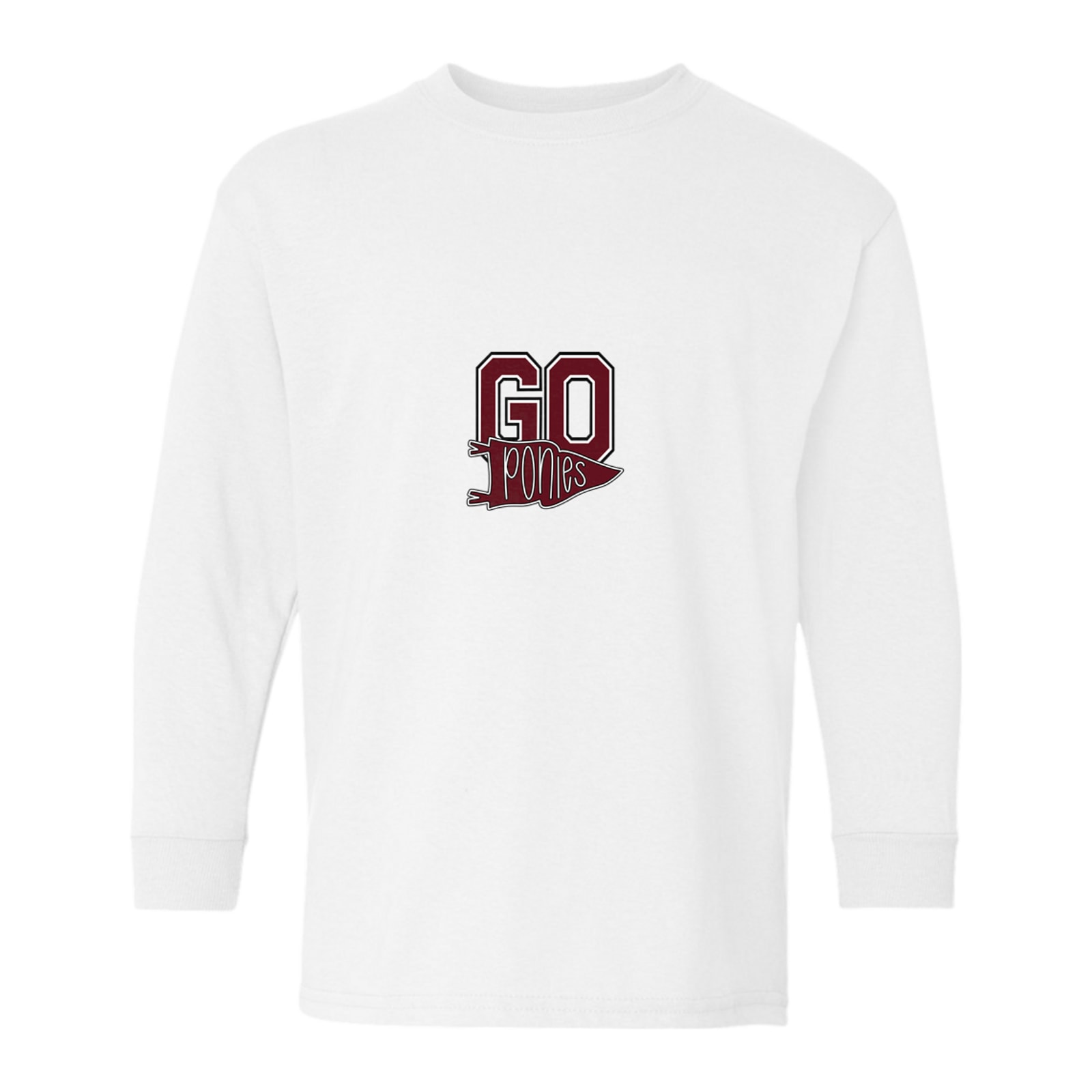 Go ponies pennant maroon white black Gildan Youth Heavy Cotton 100% Cotton Long Sleeve T-Shirt. 5400B