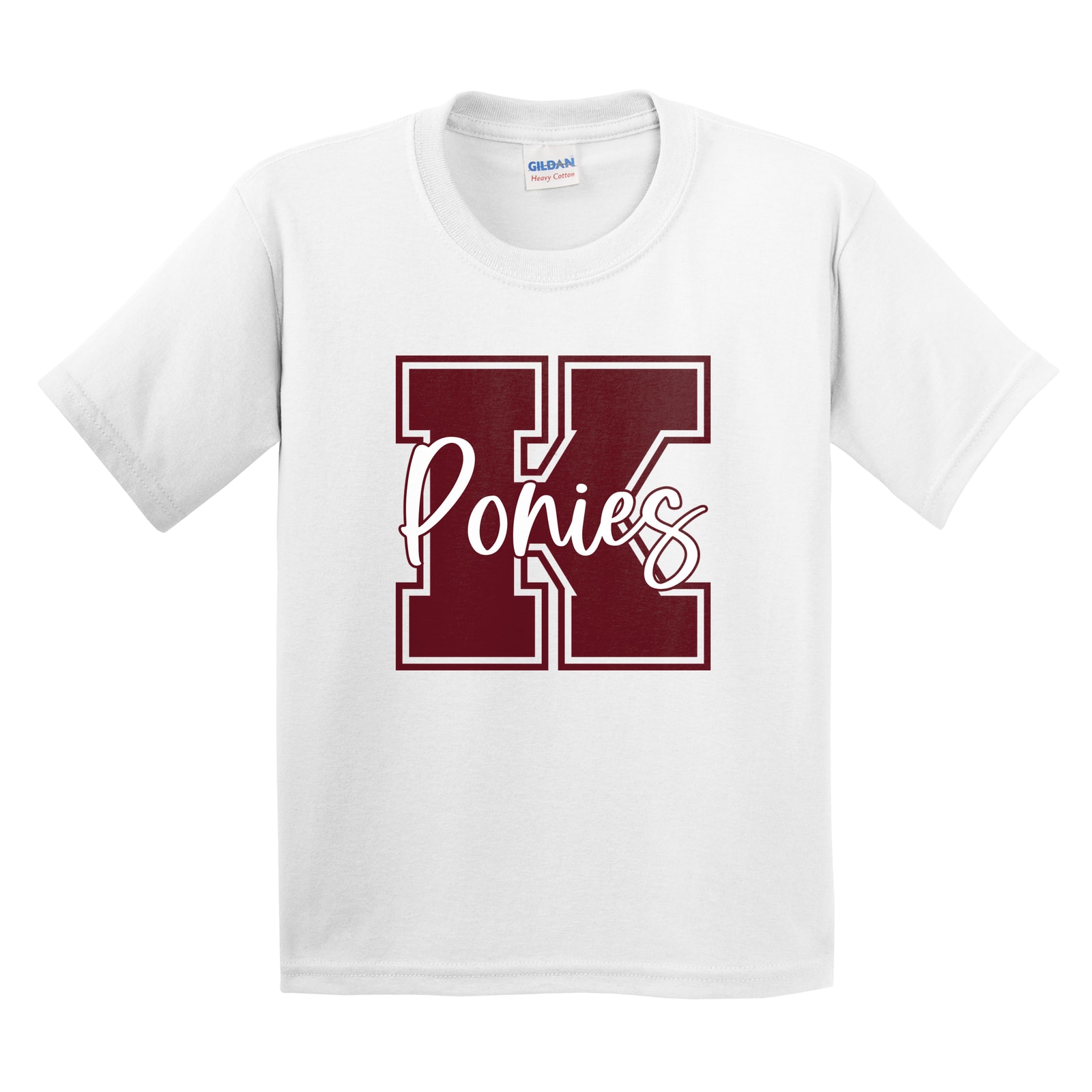K ponies maroon white square block Gildan 5000B Youth Tee