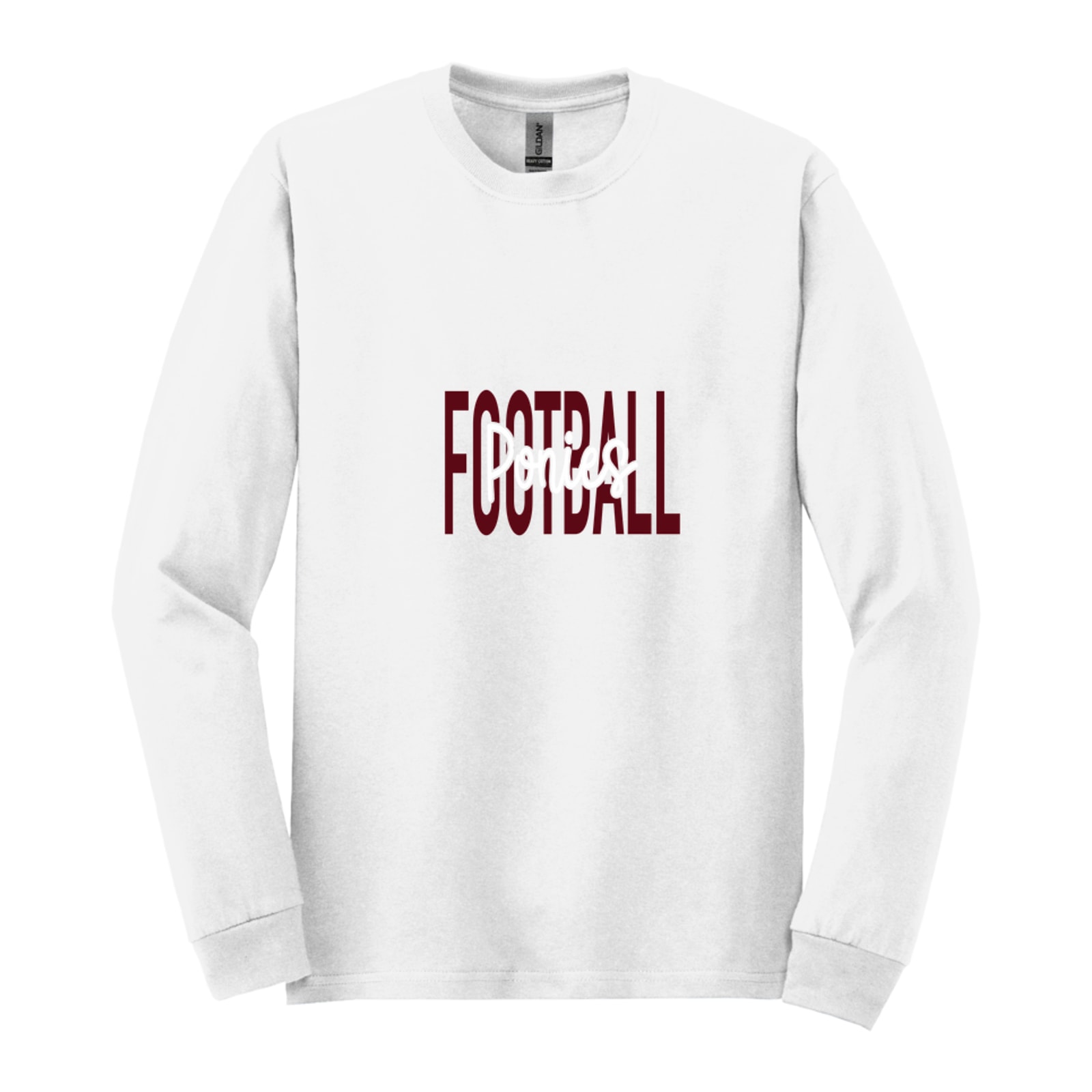 Ponies Football Middle Script maroon white Gildan - Heavy Cotton 100% Cotton Long Sleeve T-Shirt. 5400