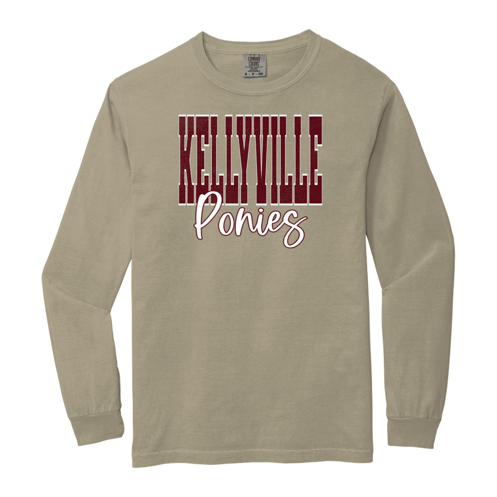 Kellyville ponies maroon white duo block script Comfort Colors 6014 Long Sleeve