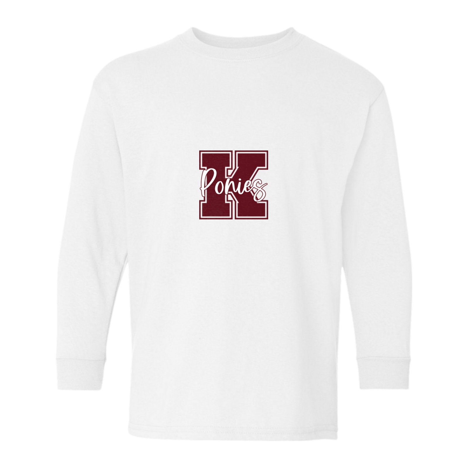 K ponies maroon white square block Gildan Youth Heavy Cotton 100% Cotton Long Sleeve T-Shirt. 5400B