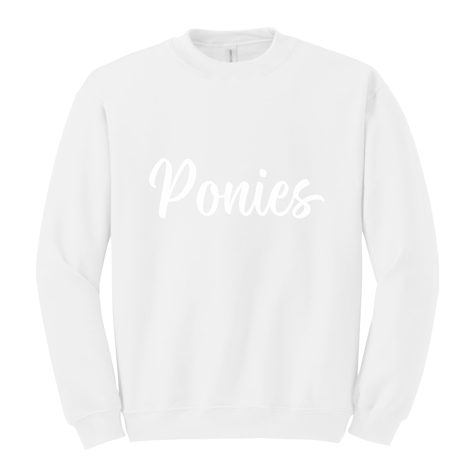 Ponies white puff script Gildan 18000 Fleece