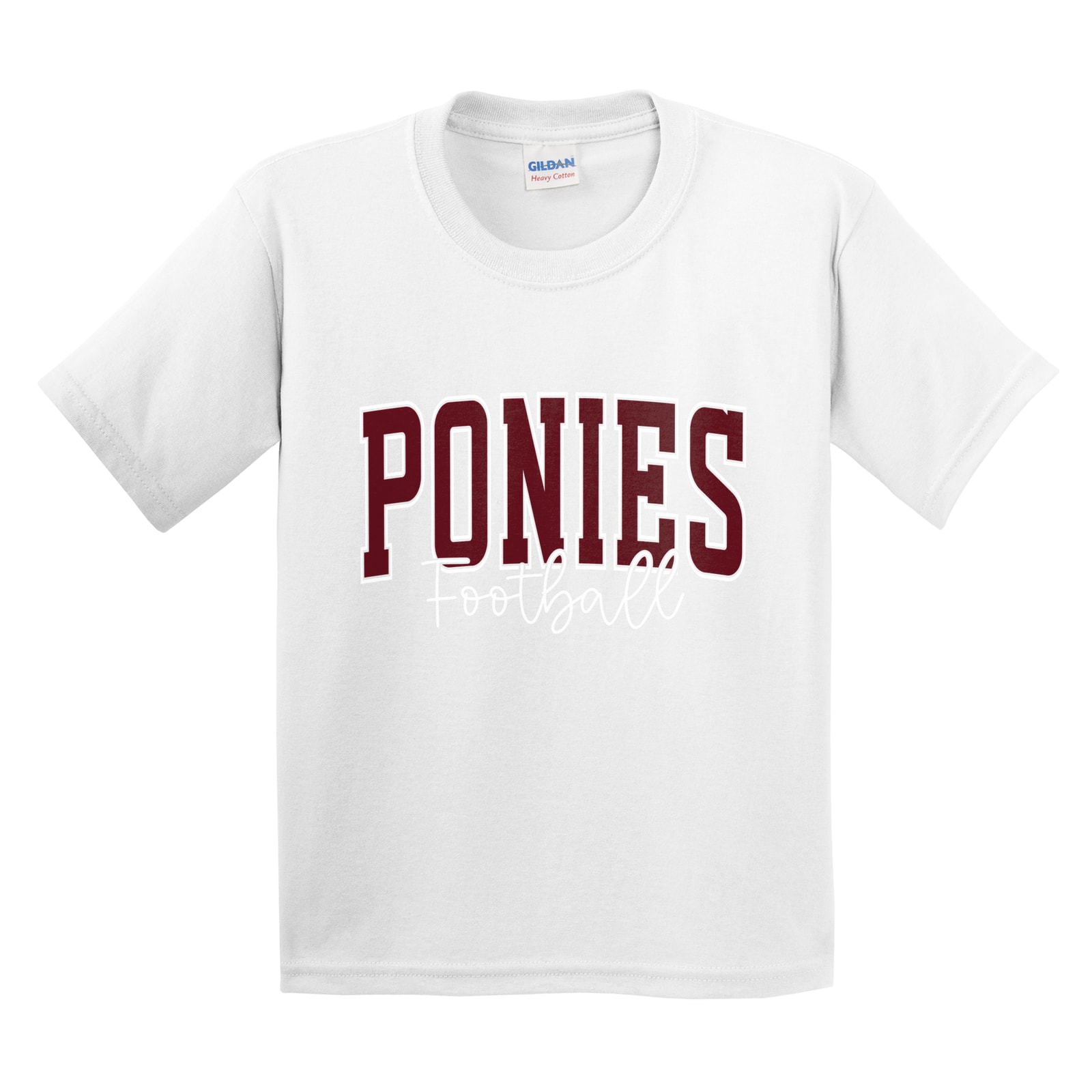 Ponies football arc maroon white Gildan 5000B Youth Tee