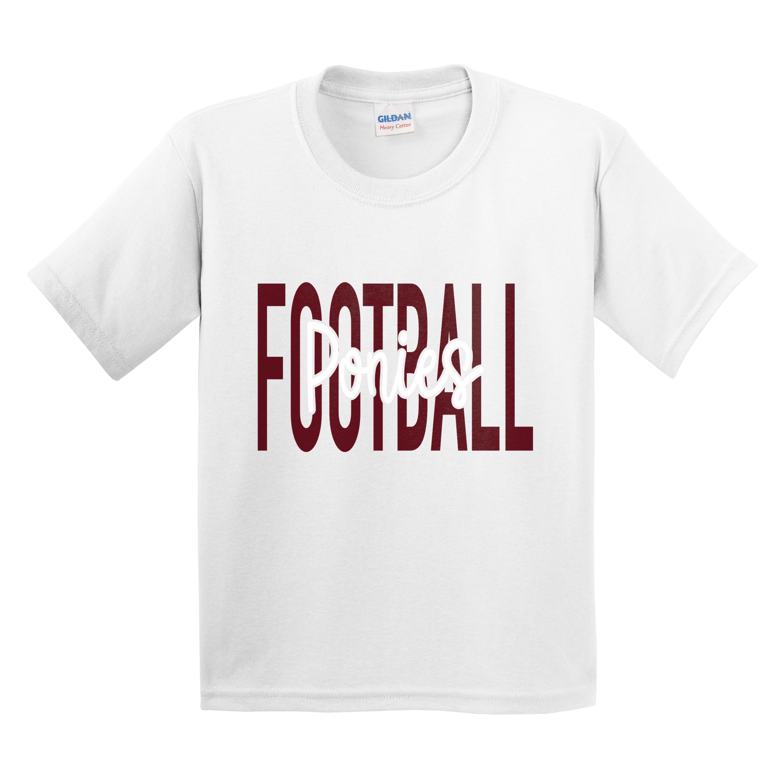 Ponies Football Middle Script maroon white Gildan 5000B Youth Tee