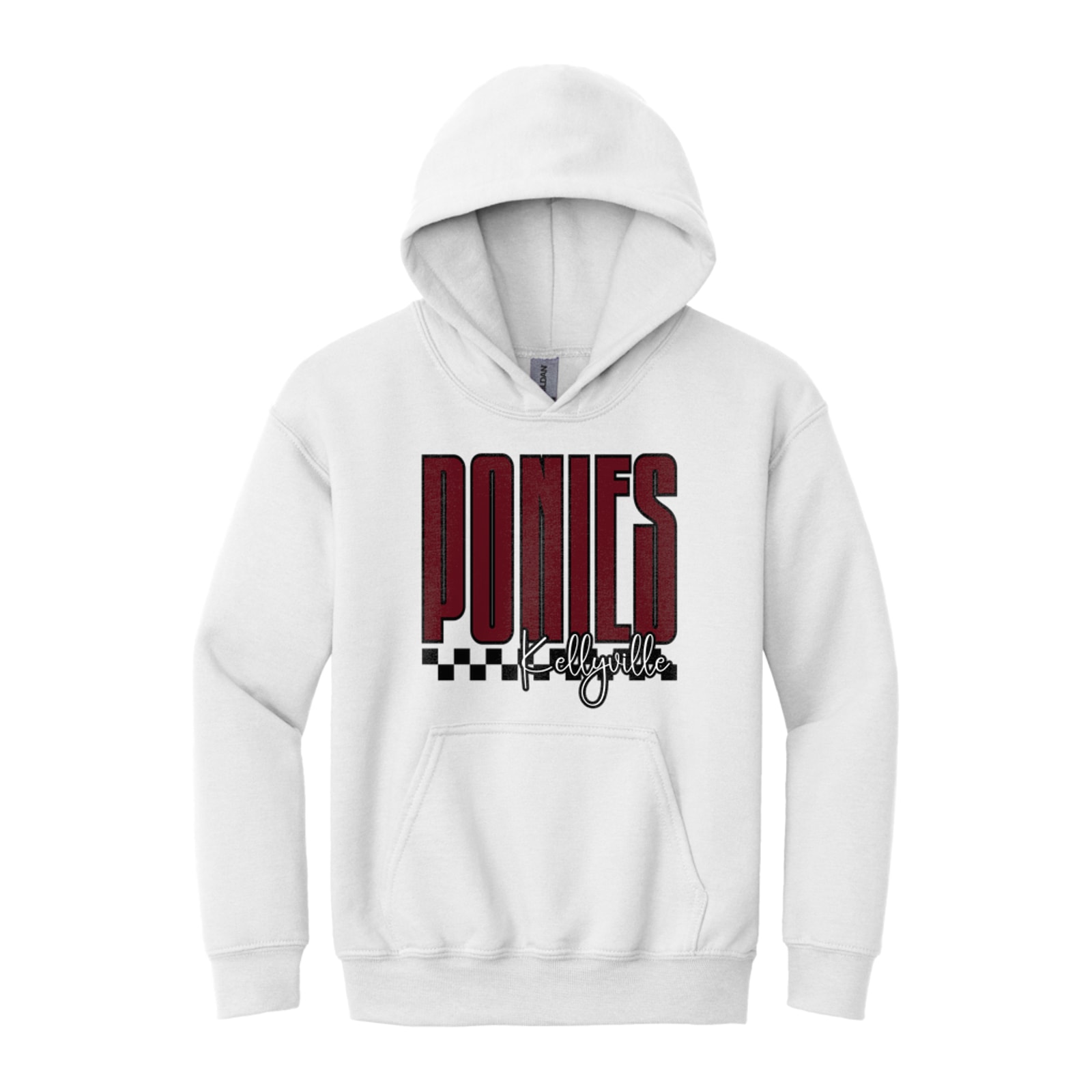 Ponies Kellyville tall with checkers maroon white black Gildan - Youth Heavy Blend Hooded Sweatshirt. 18500B