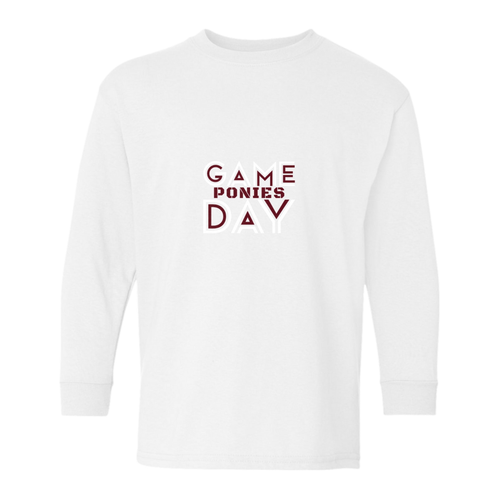Game day ponies maroon white Gildan Youth Heavy Cotton 100% Cotton Long Sleeve T-Shirt. 5400B