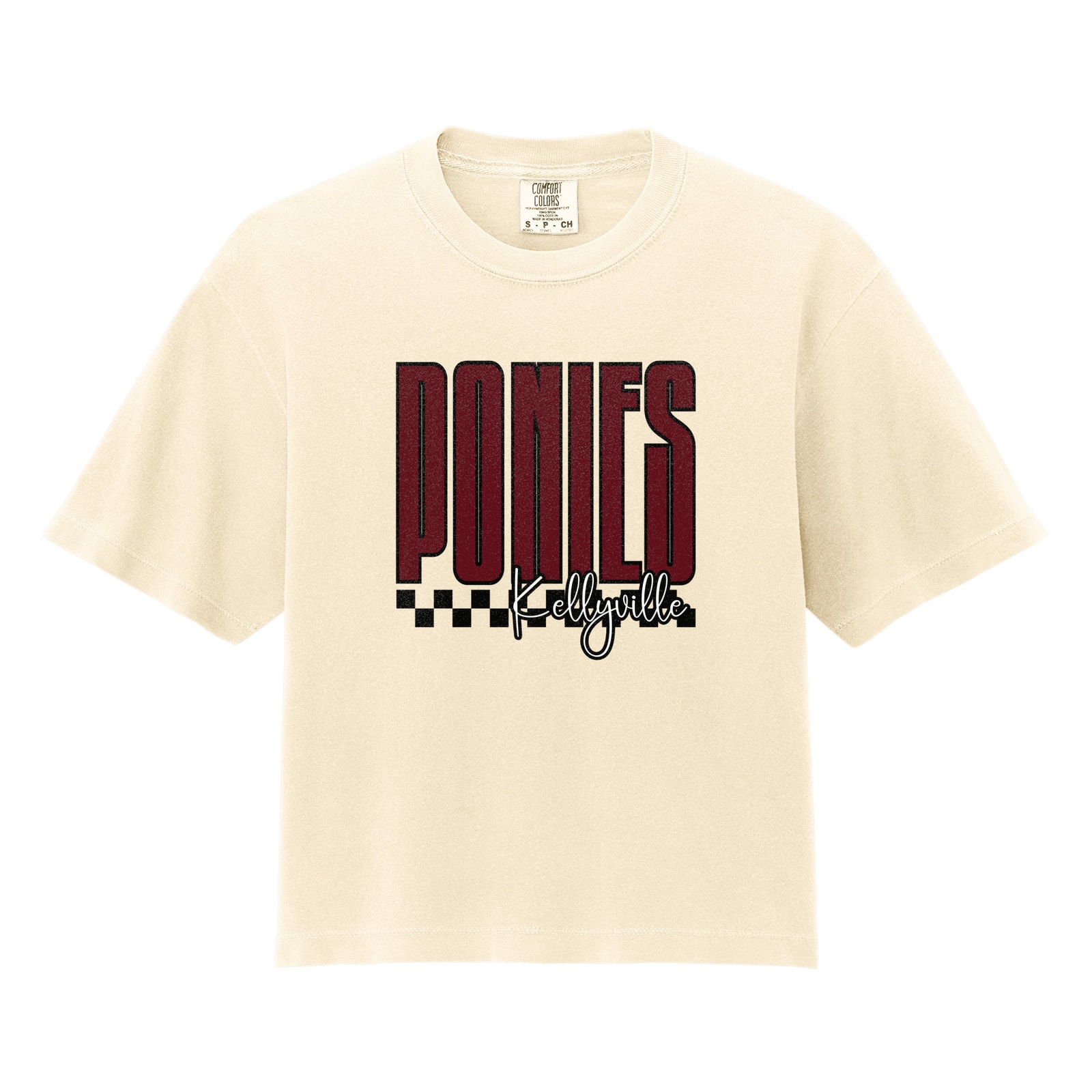 Ponies Kellyville tall with checkers maroon white black Comfort Colors 3023CL Cropped Tee
