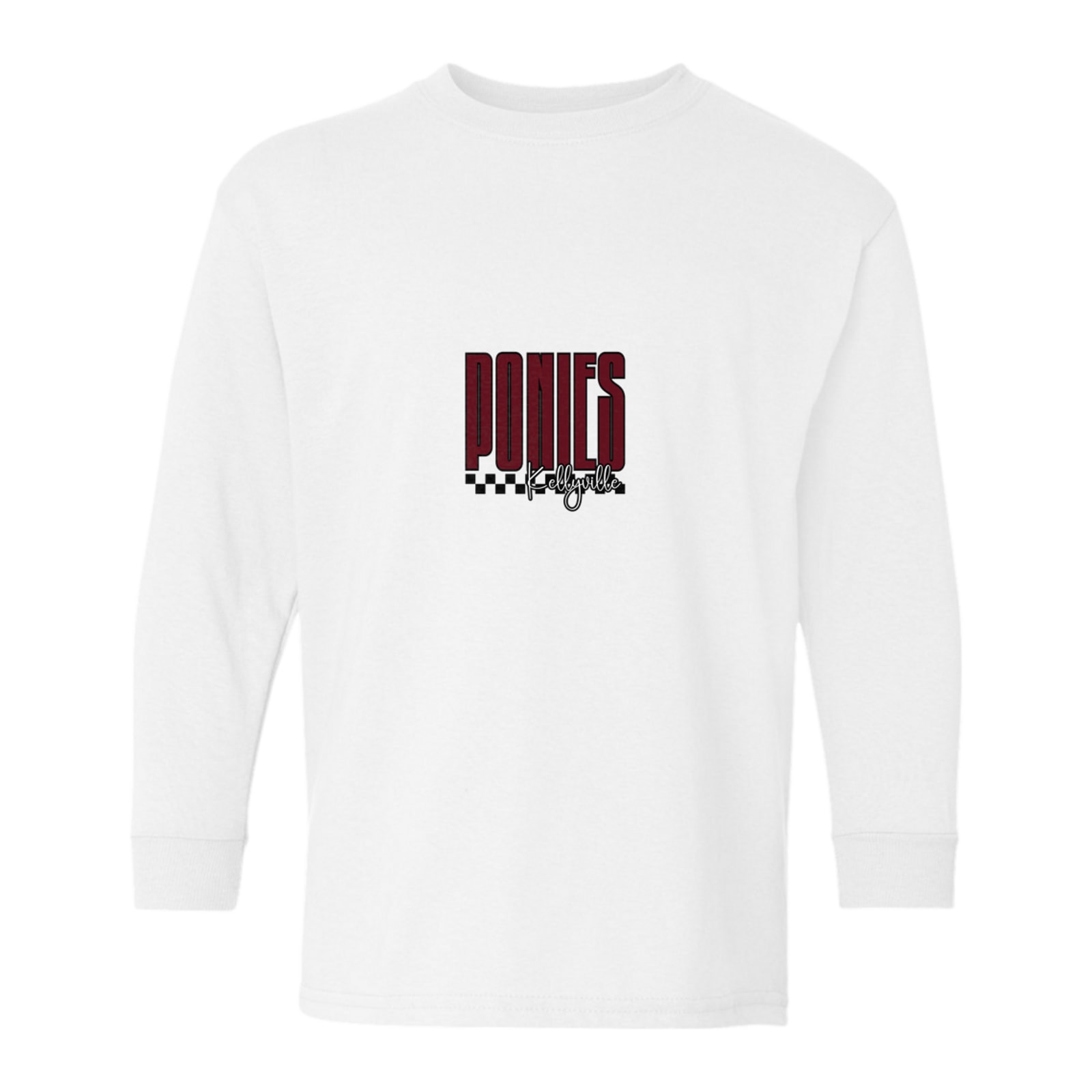 Ponies Kellyville tall with checkers maroon white black Gildan Youth Heavy Cotton 100% Cotton Long Sleeve T-Shirt. 5400B