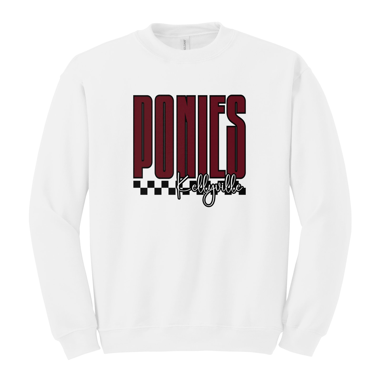 Ponies Kellyville tall with checkers maroon white black Gildan 18000 Fleece