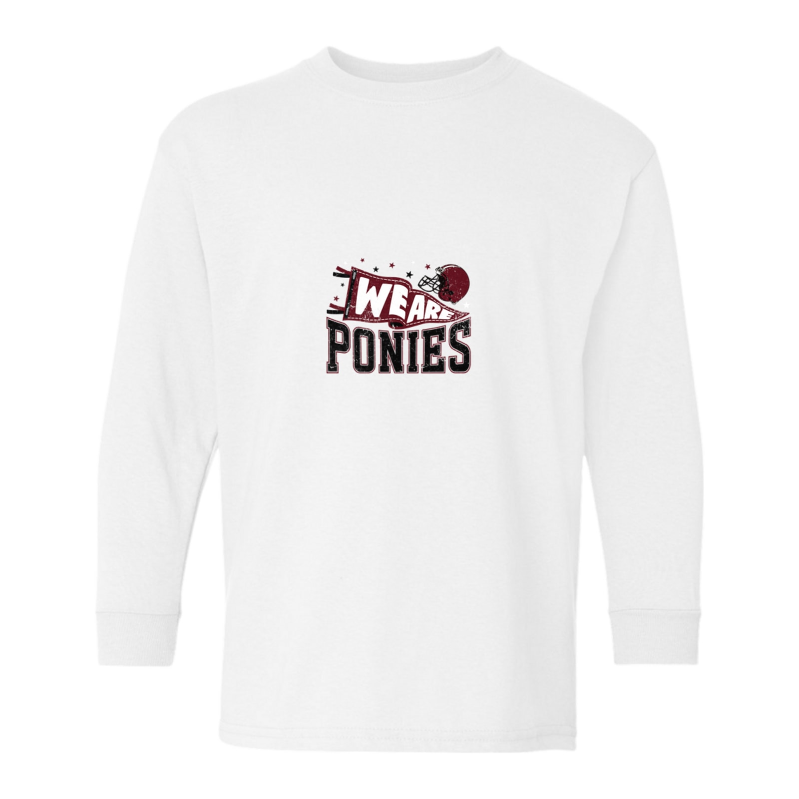 we are ponies collage Maroon Gildan Youth Heavy Cotton 100% Cotton Long Sleeve T-Shirt. 5400B