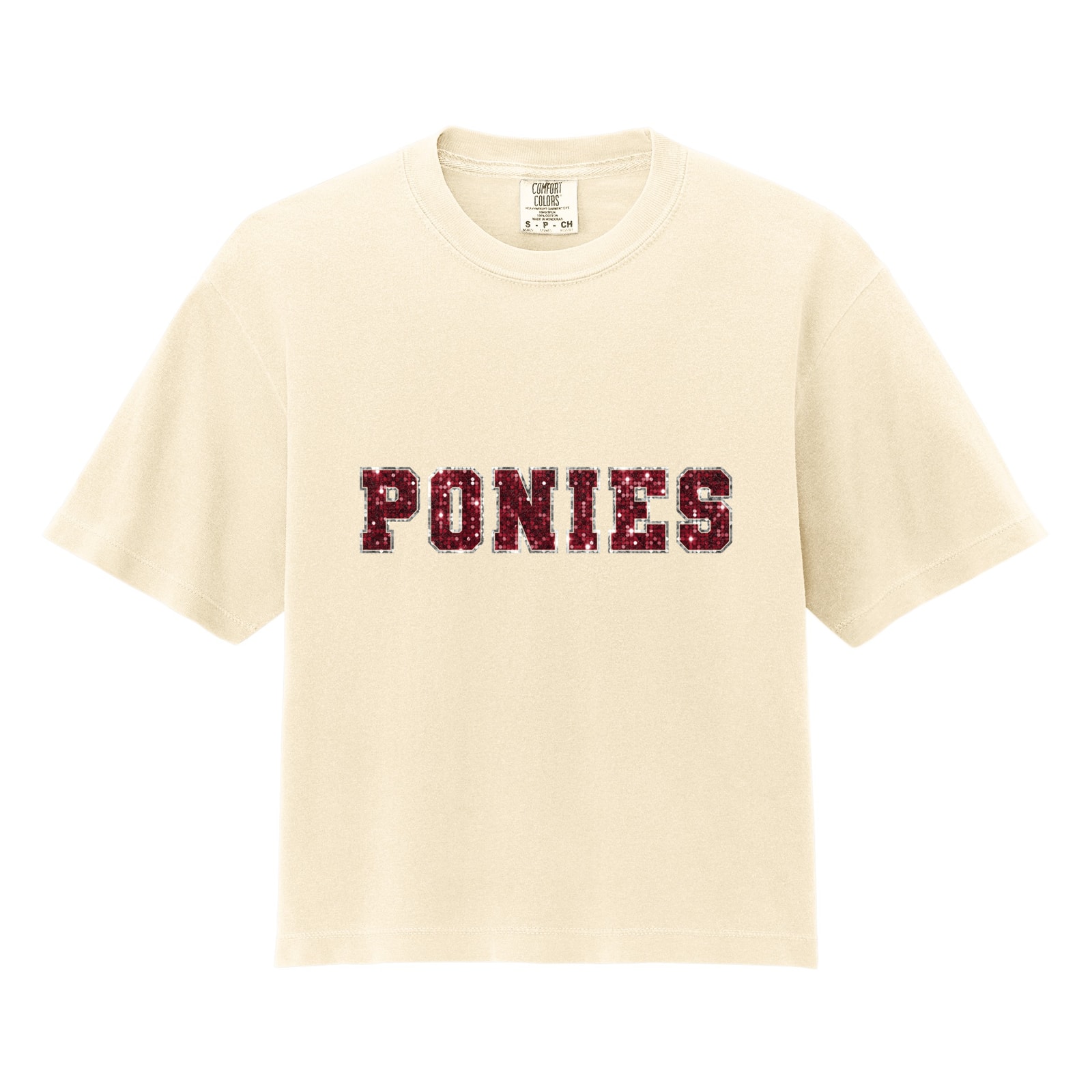 Ponies sequin sleeve maroon silver Comfort Colors 3023CL Cropped Tee