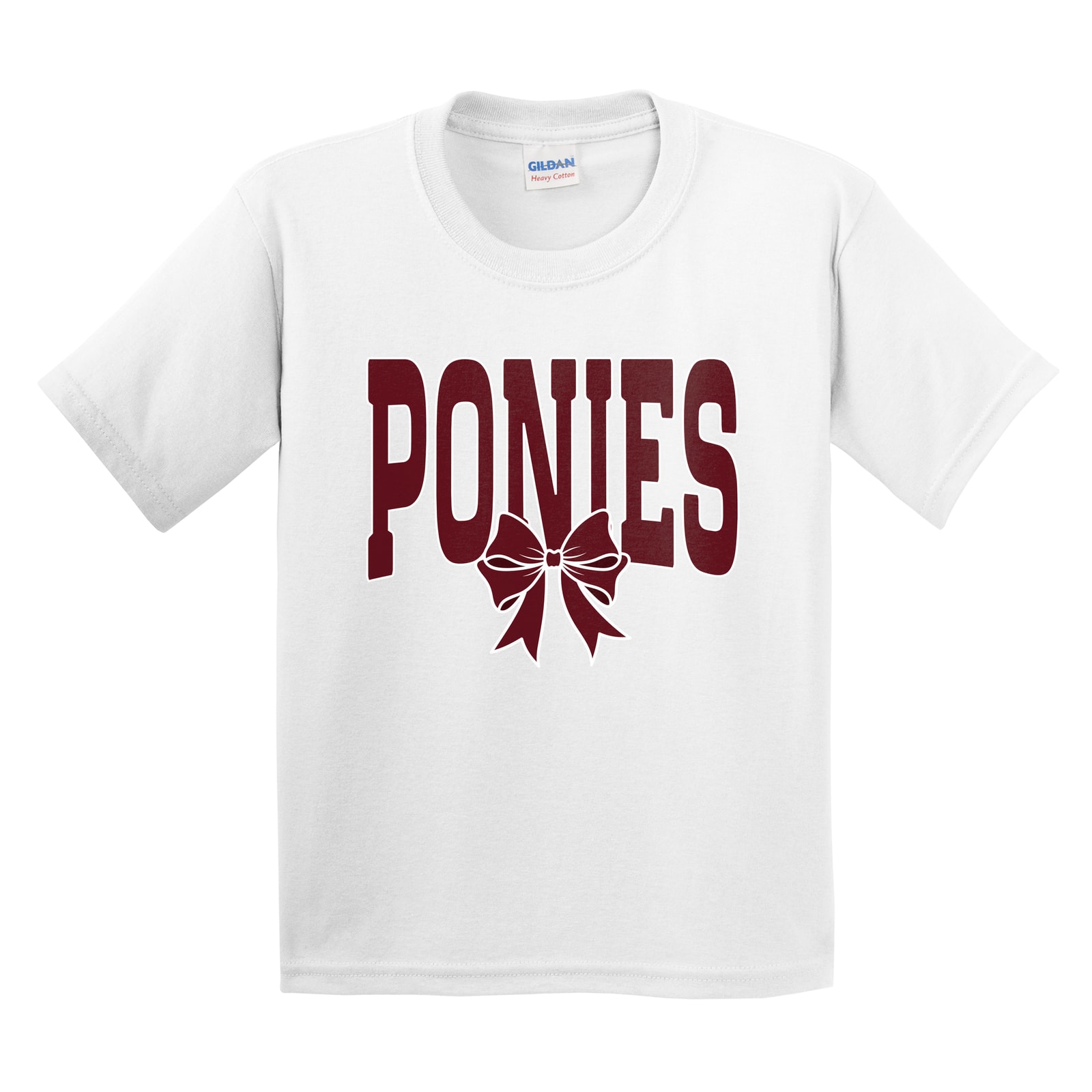 Ponies arch maroon maroon bow white outline Gildan 5000B Youth Tee