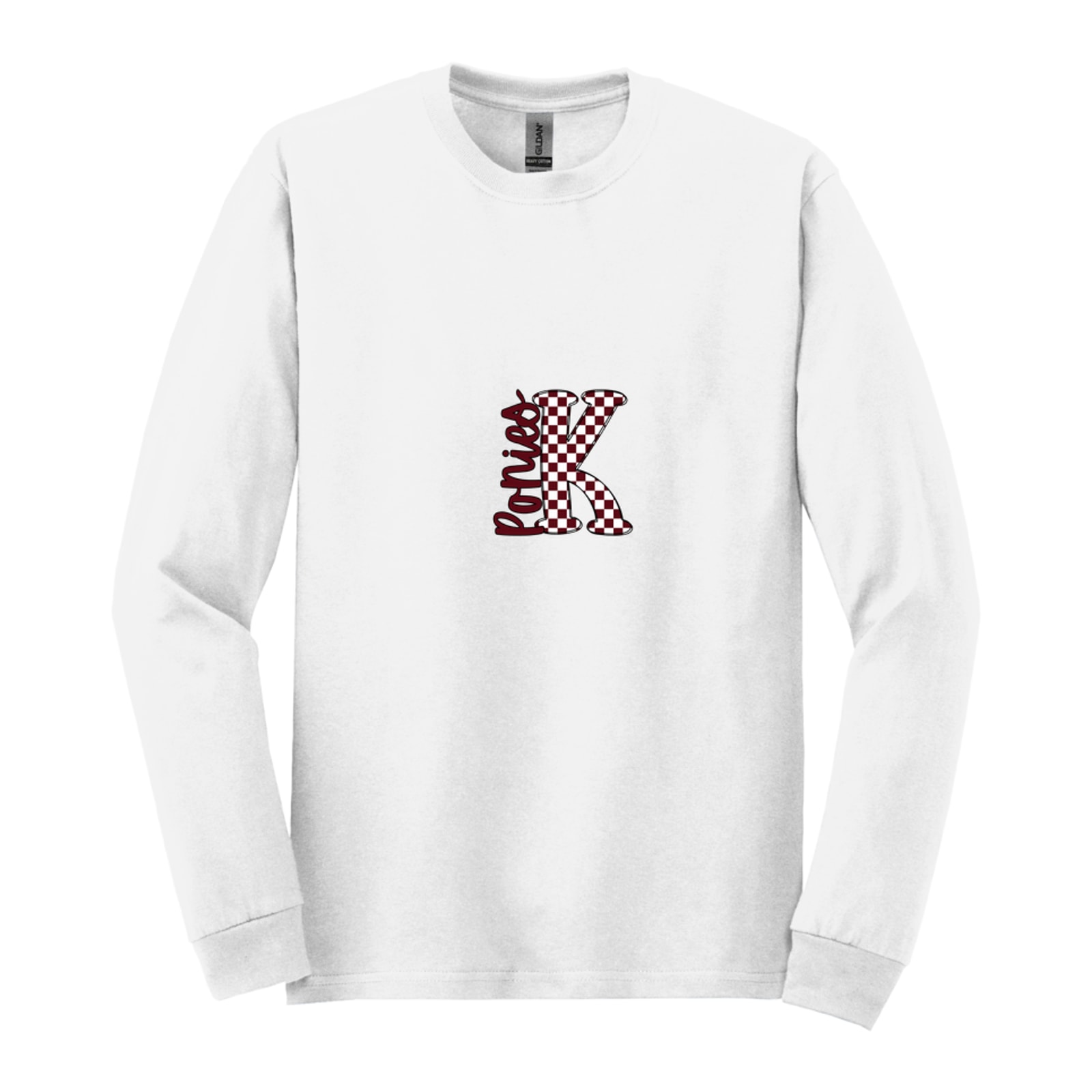 K big letter checkered ponies maroon white black Gildan - Heavy Cotton 100% Cotton Long Sleeve T-Shirt. 5400