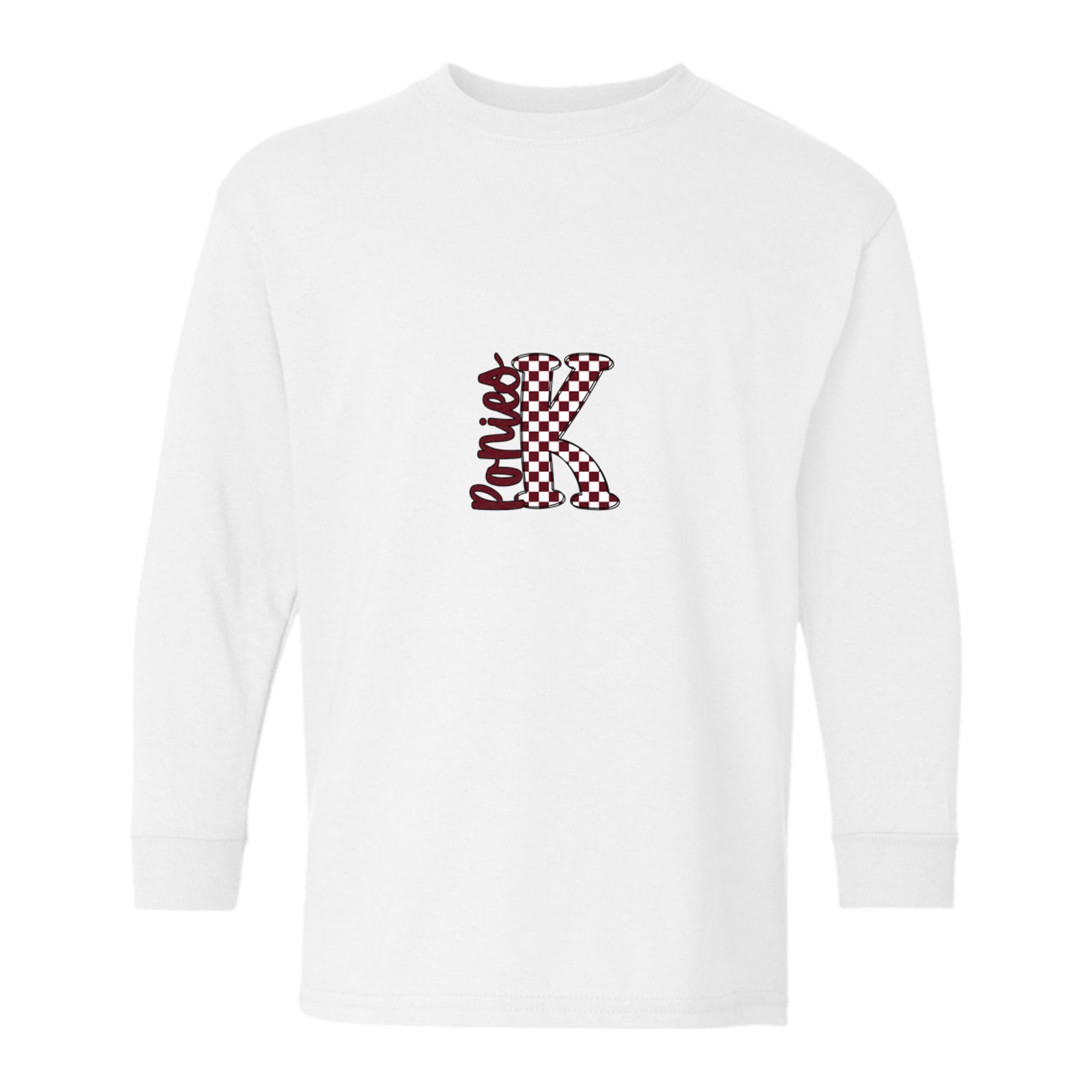 K big letter checkered ponies maroon white black Gildan Youth Heavy Cotton 100% Cotton Long Sleeve T-Shirt. 5400B