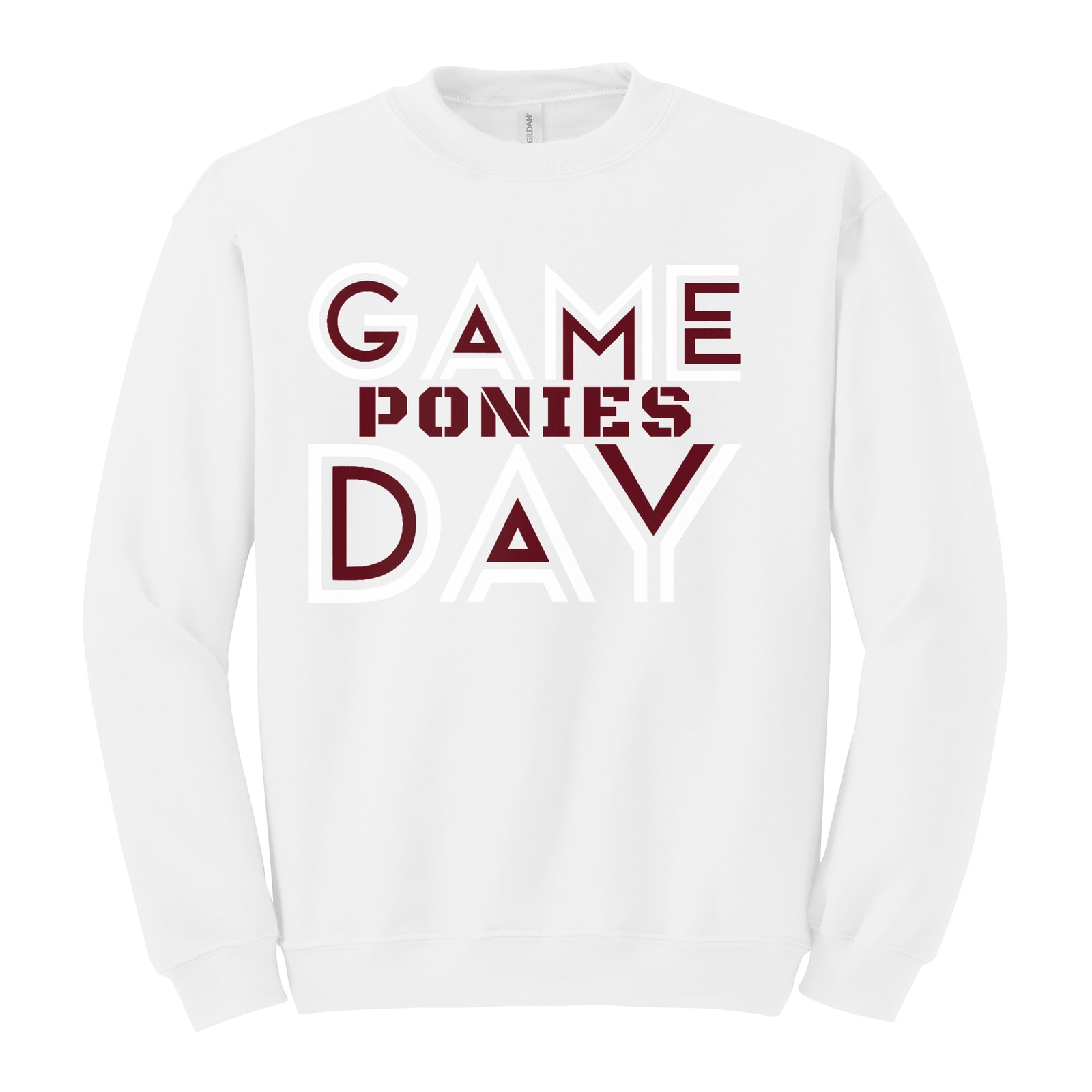Game day ponies maroon white Gildan Heavy Blend Crewneck Sweatshirt. 18000