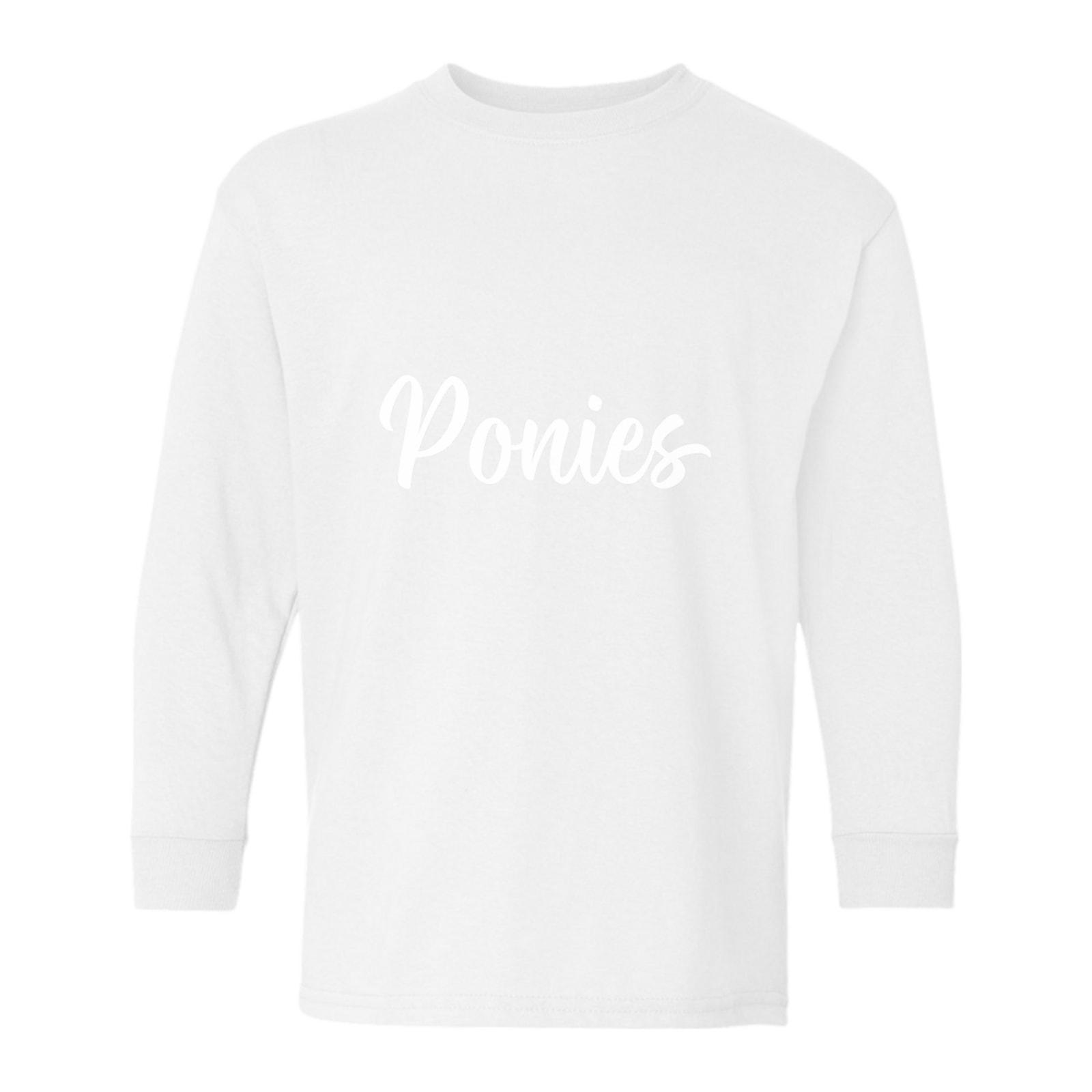 Ponies white puff script Gildan Youth Heavy Cotton 100% Cotton Long Sleeve T-Shirt. 5400B