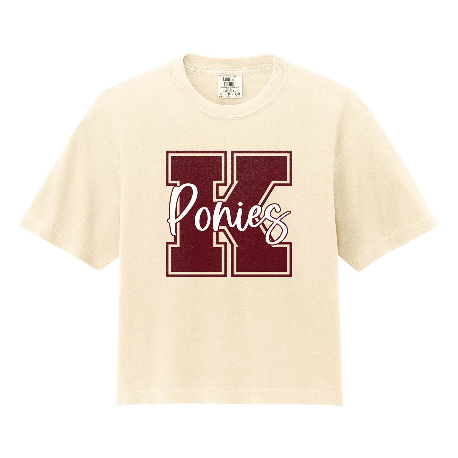 K ponies maroon white square block Comfort Colors 3023CL Cropped Tee