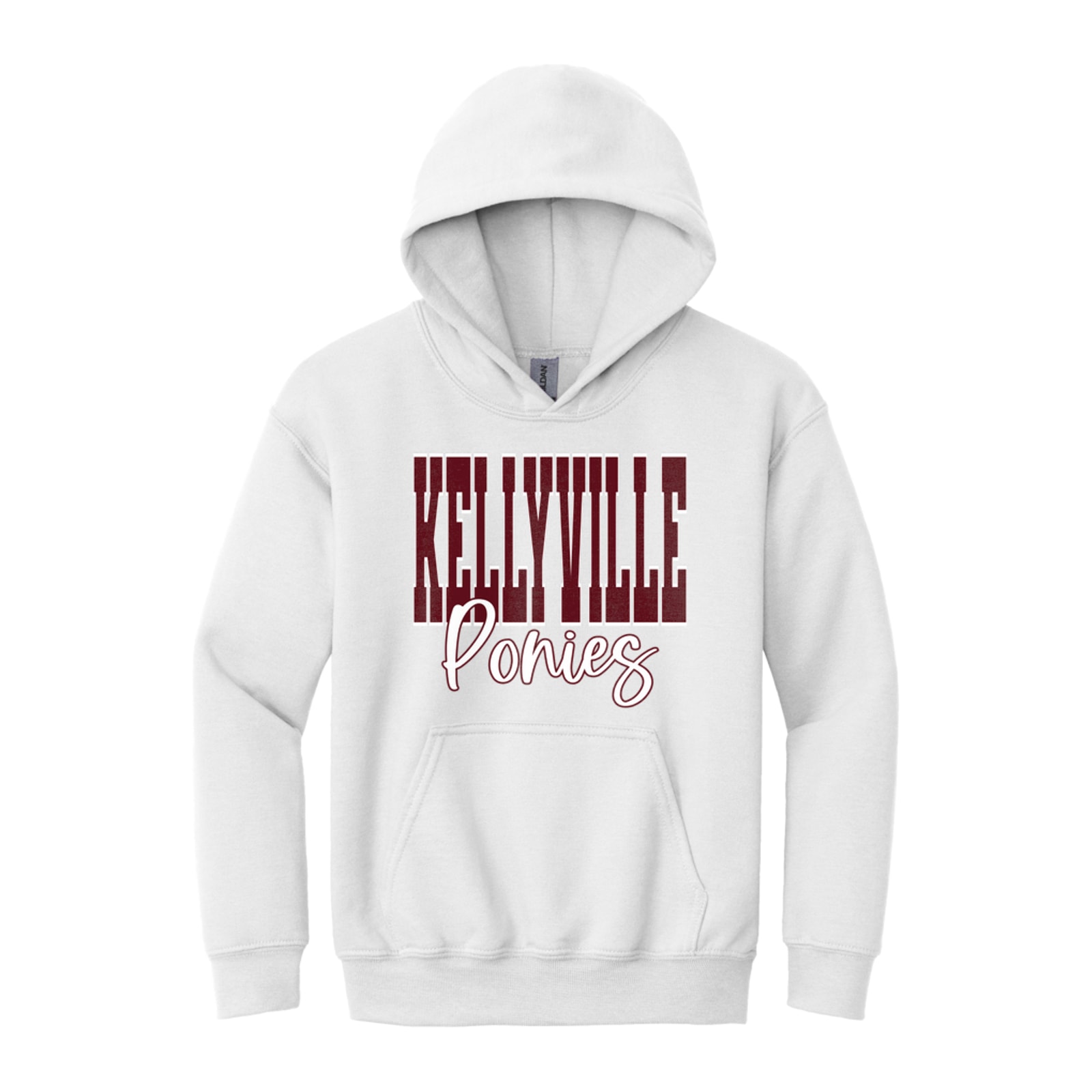 Kellyville ponies maroon white duo block script Gildan - Youth Heavy Blend Hooded Sweatshirt. 18500B