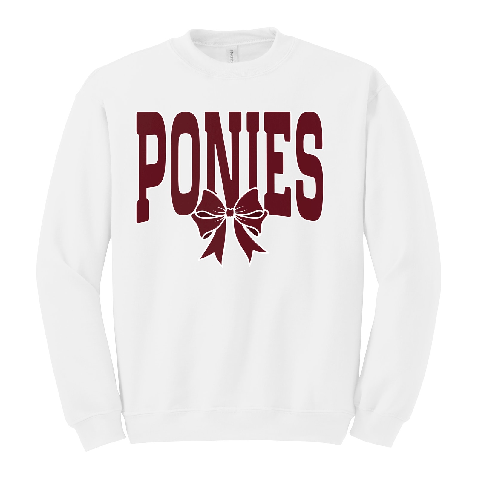 Ponies arch maroon maroon bow white outline Gildan Heavy Blend Crewneck Sweatshirt. 18000