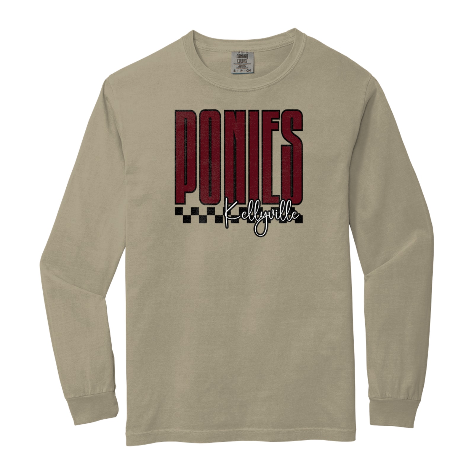 Ponies Kellyville tall with checkers maroon white black Comfort Colors 6014 Long Sleeve