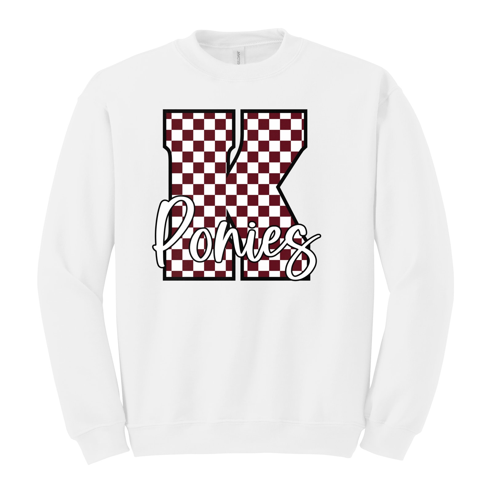 K maroon white checkers ponies white script Gildan Heavy Blend Crewneck Sweatshirt. 18000