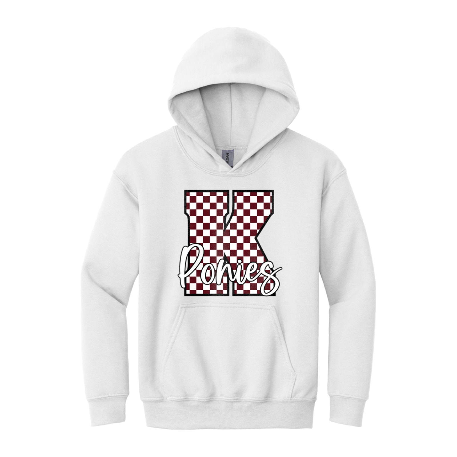 K maroon white checkers ponies white script Gildan - Youth Heavy Blend Hooded Sweatshirt. 18500B