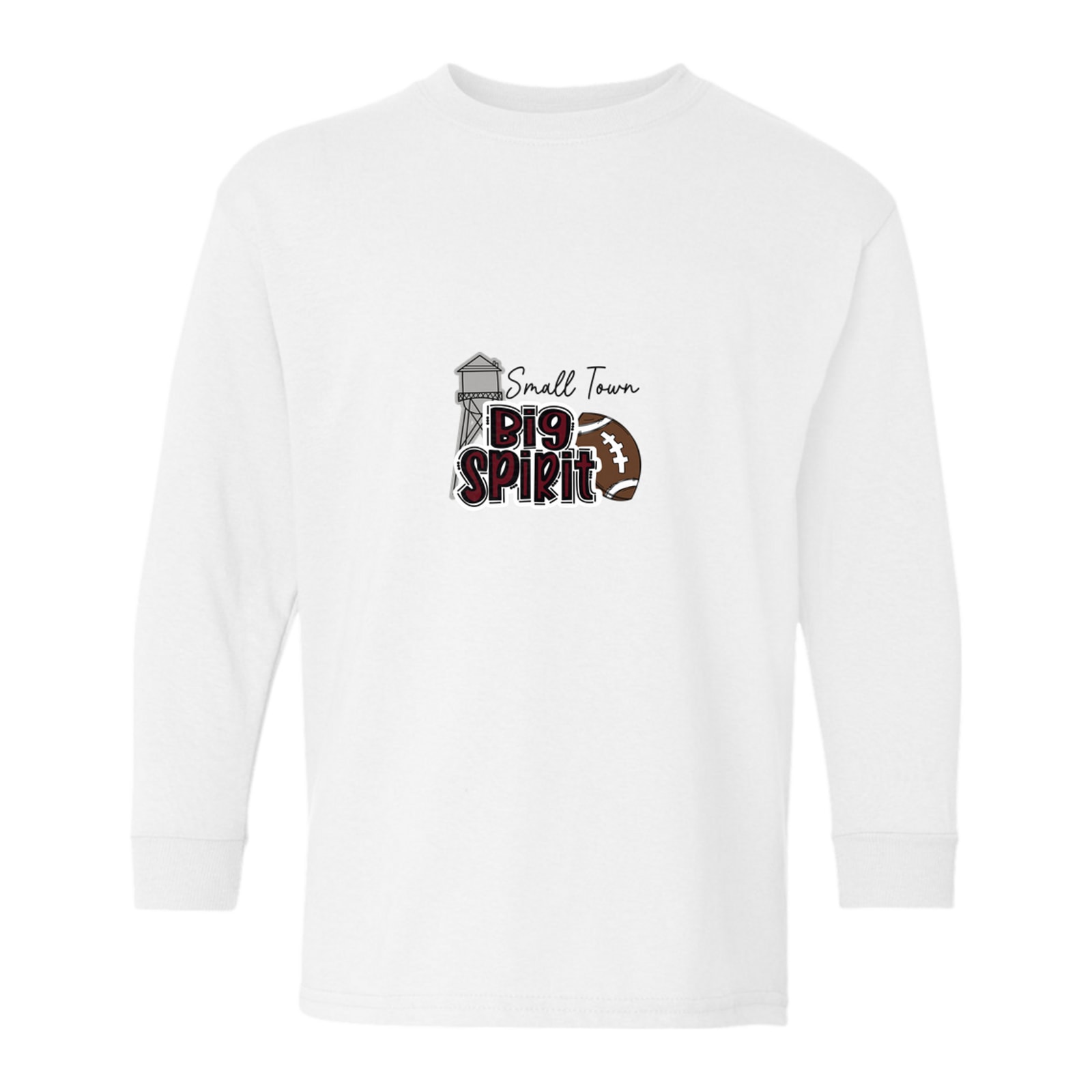 Small town big spirit Kellyville maroon Gildan Youth Heavy Cotton 100% Cotton Long Sleeve T-Shirt. 5400B