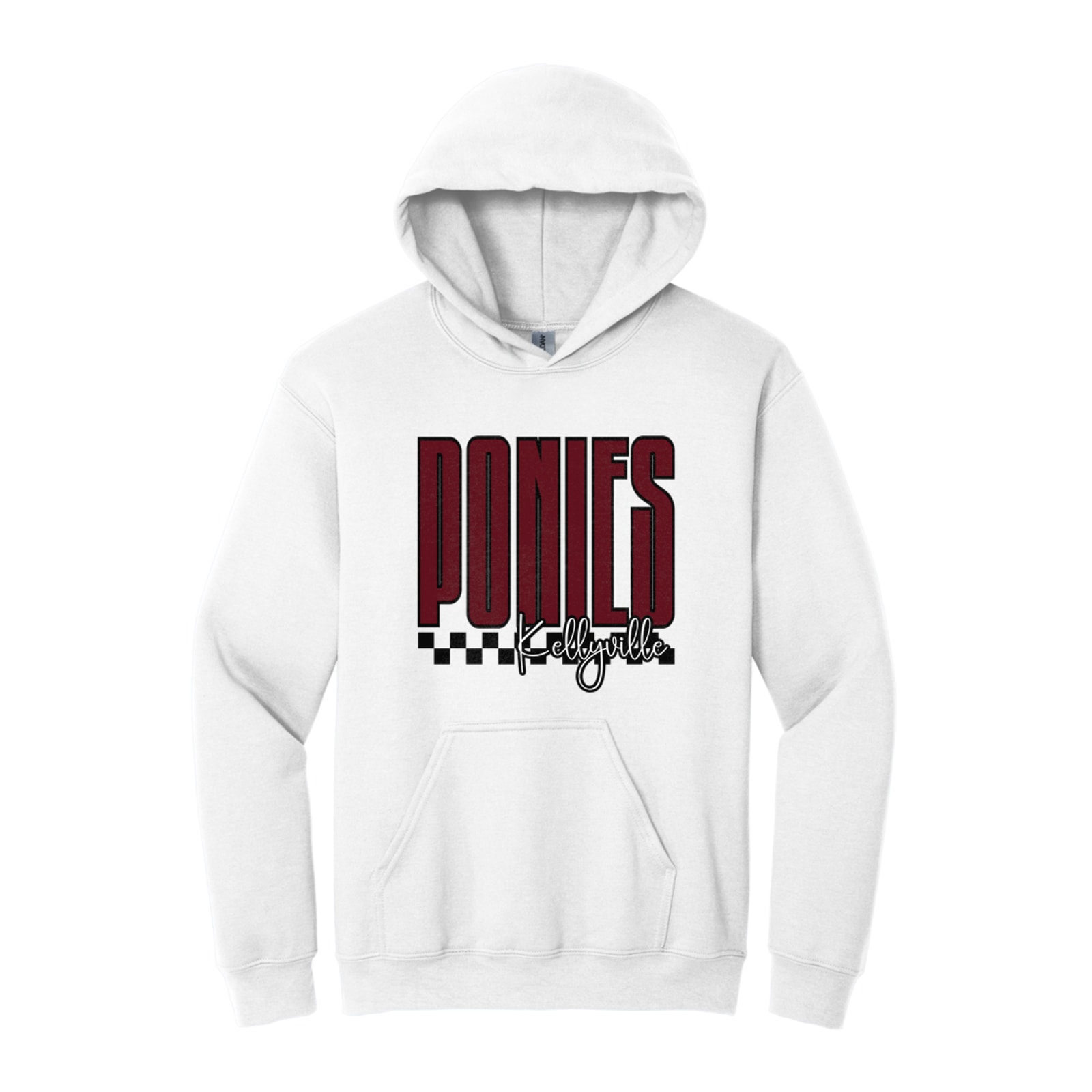 Ponies Kellyville tall with checkers maroon white black Gildan - Heavy Blend Hooded Sweatshirt. 18500