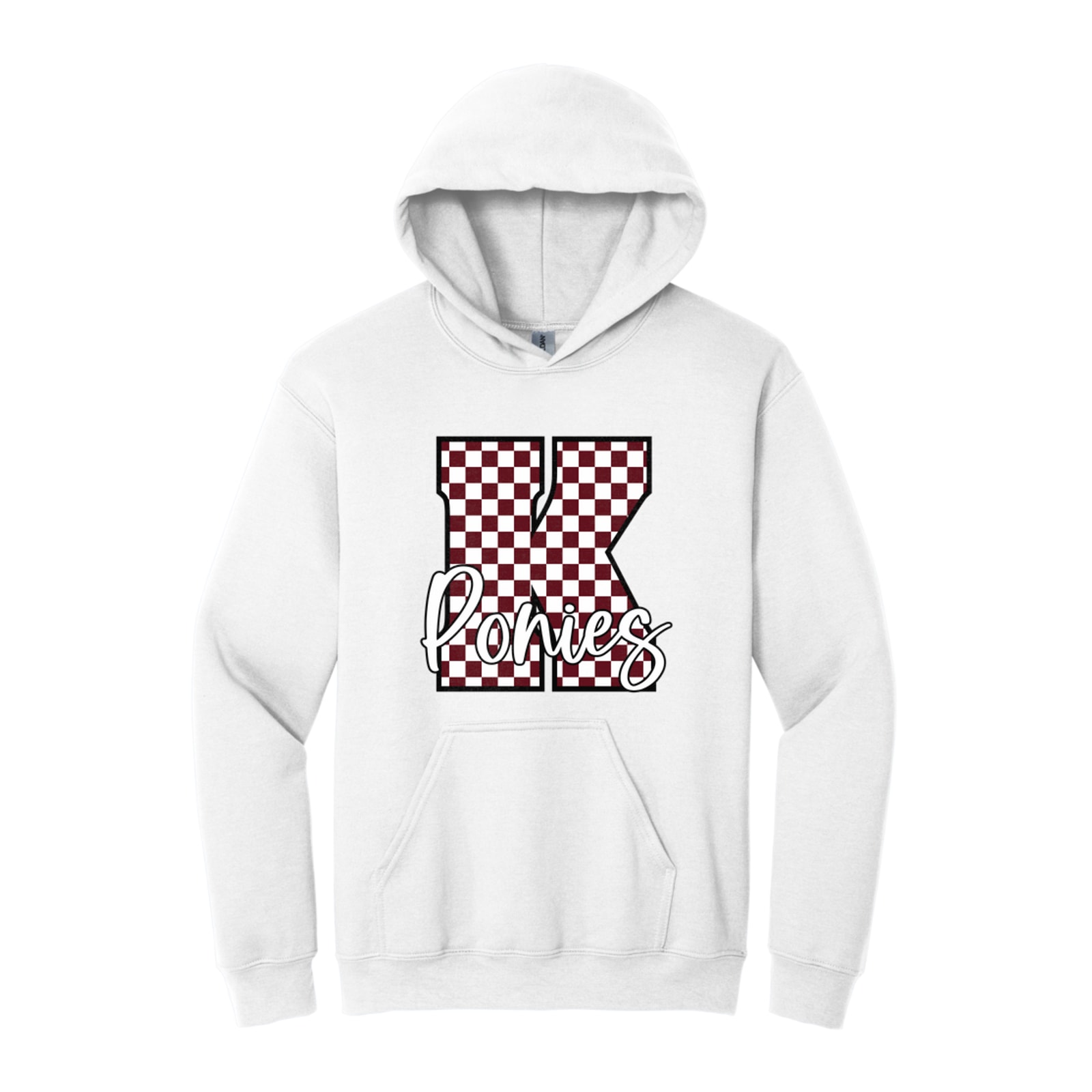 K maroon white checkers ponies white script Gildan - Heavy Blend Hooded Sweatshirt. 18500