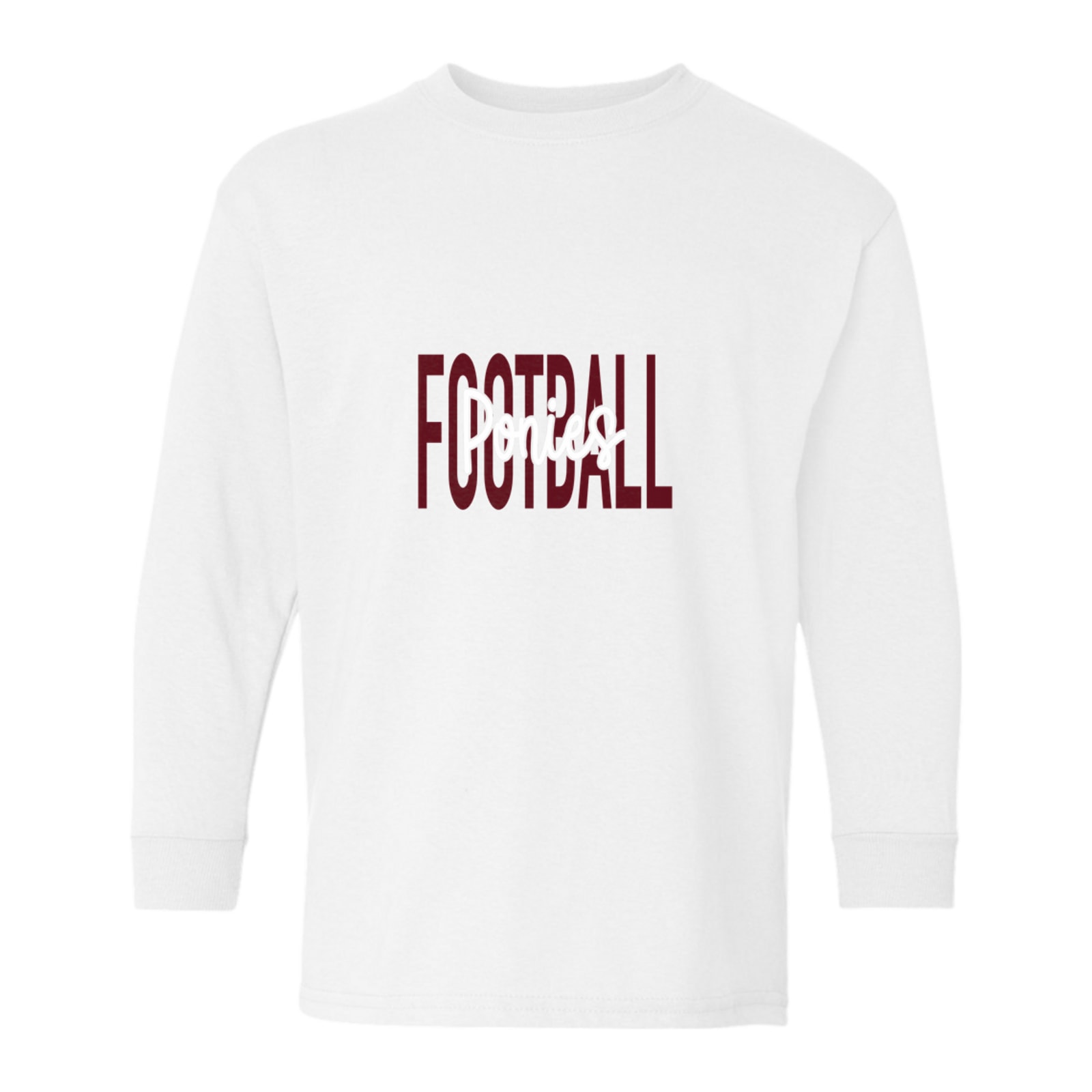 Ponies Football Middle Script maroon white Gildan Youth Heavy Cotton 100% Cotton Long Sleeve T-Shirt. 5400B