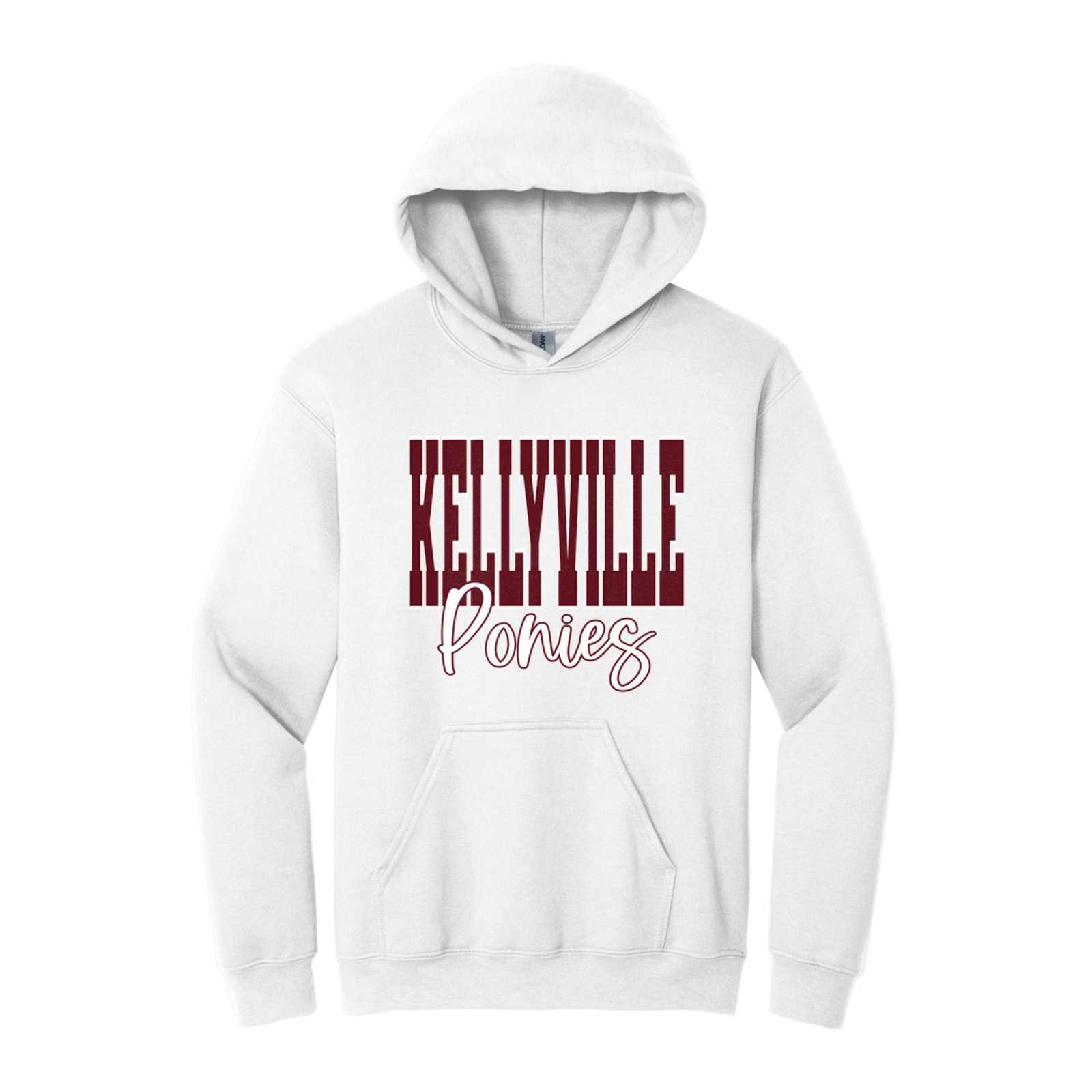 Kellyville ponies maroon white duo block script Gildan - Heavy Blend Hooded Sweatshirt. 18500