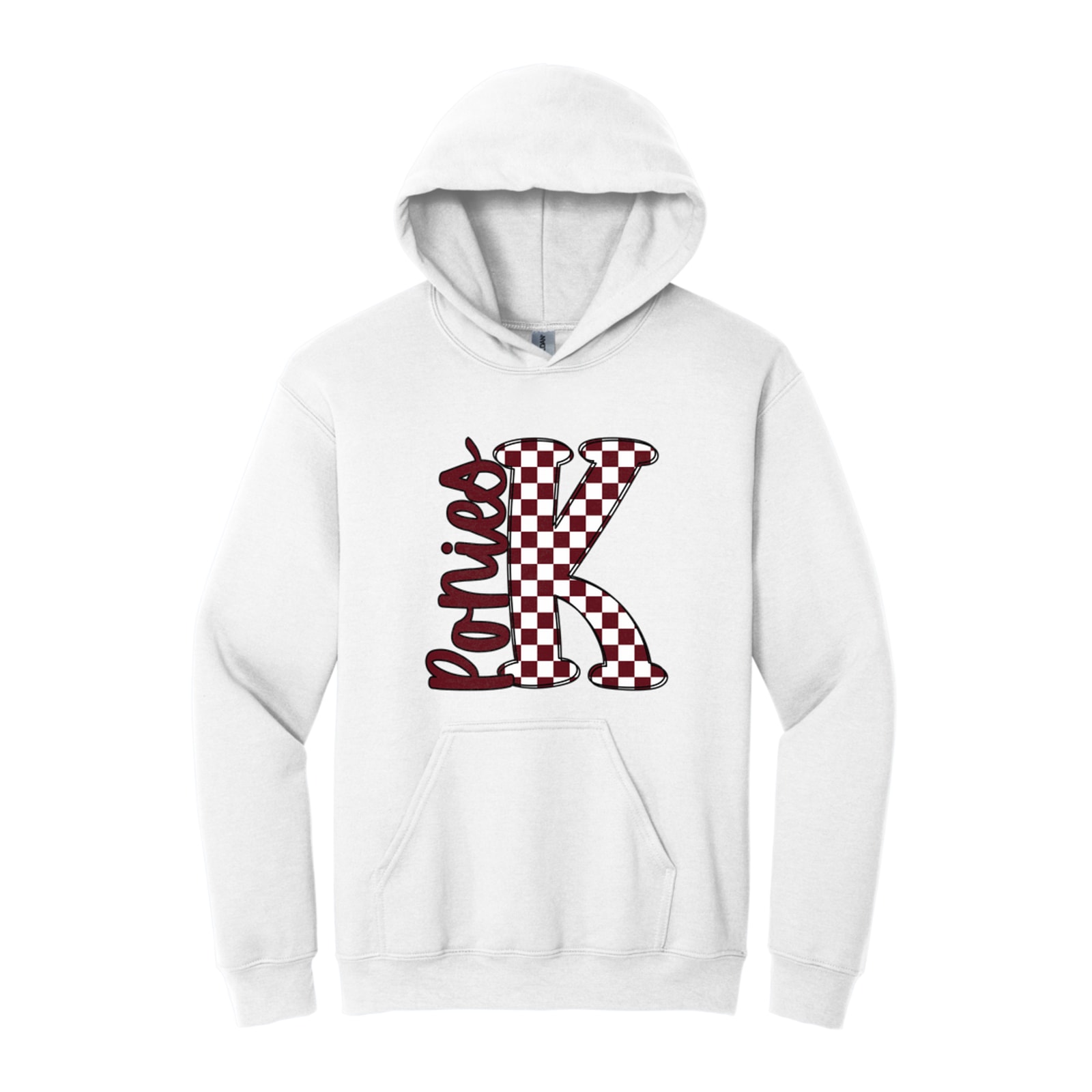 K big letter checkered ponies maroon white black Gildan - Heavy Blend Hooded Sweatshirt. 18500