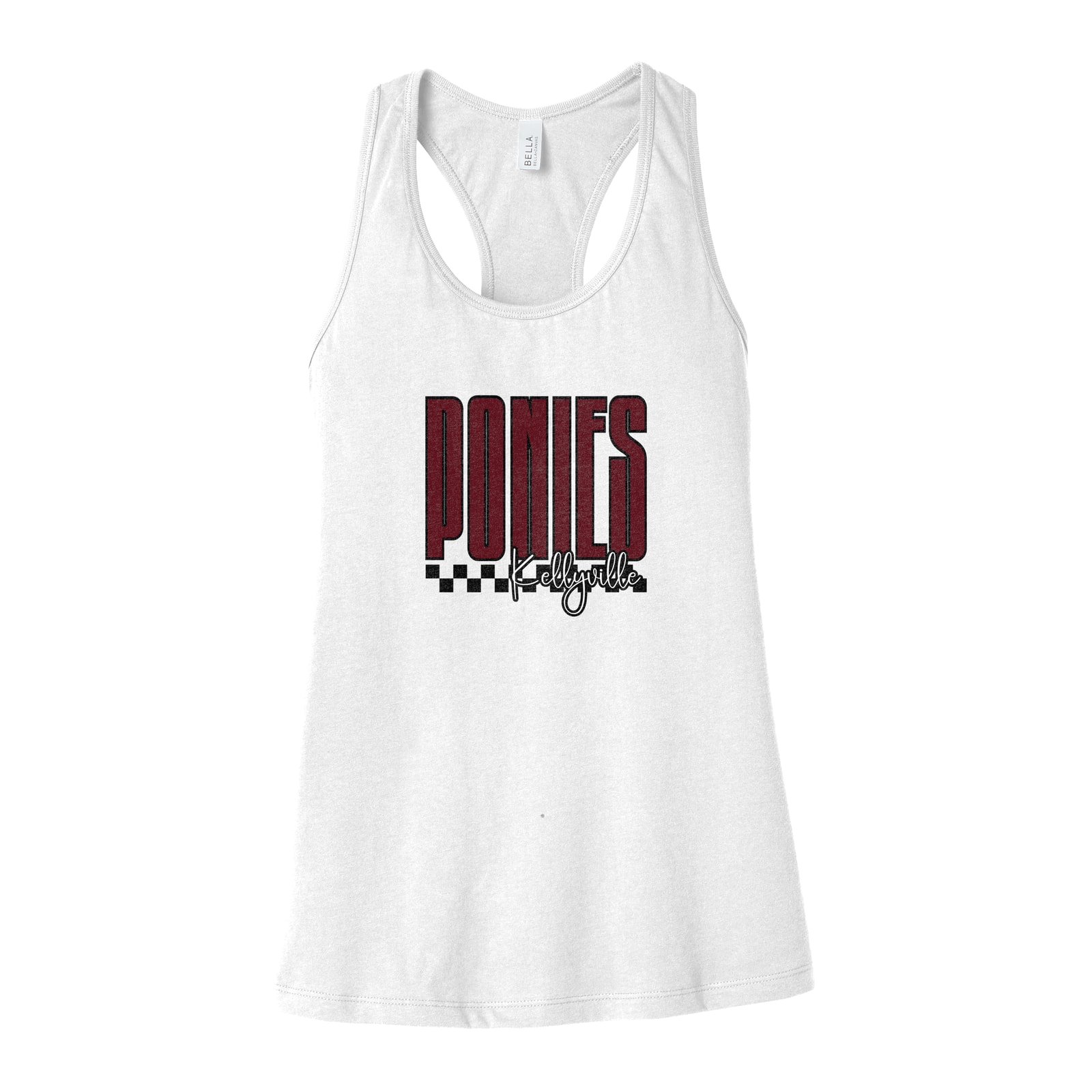 Ponies Kellyville tall with checkers maroon white black Bella+Canvas 6008 Racerback Tank