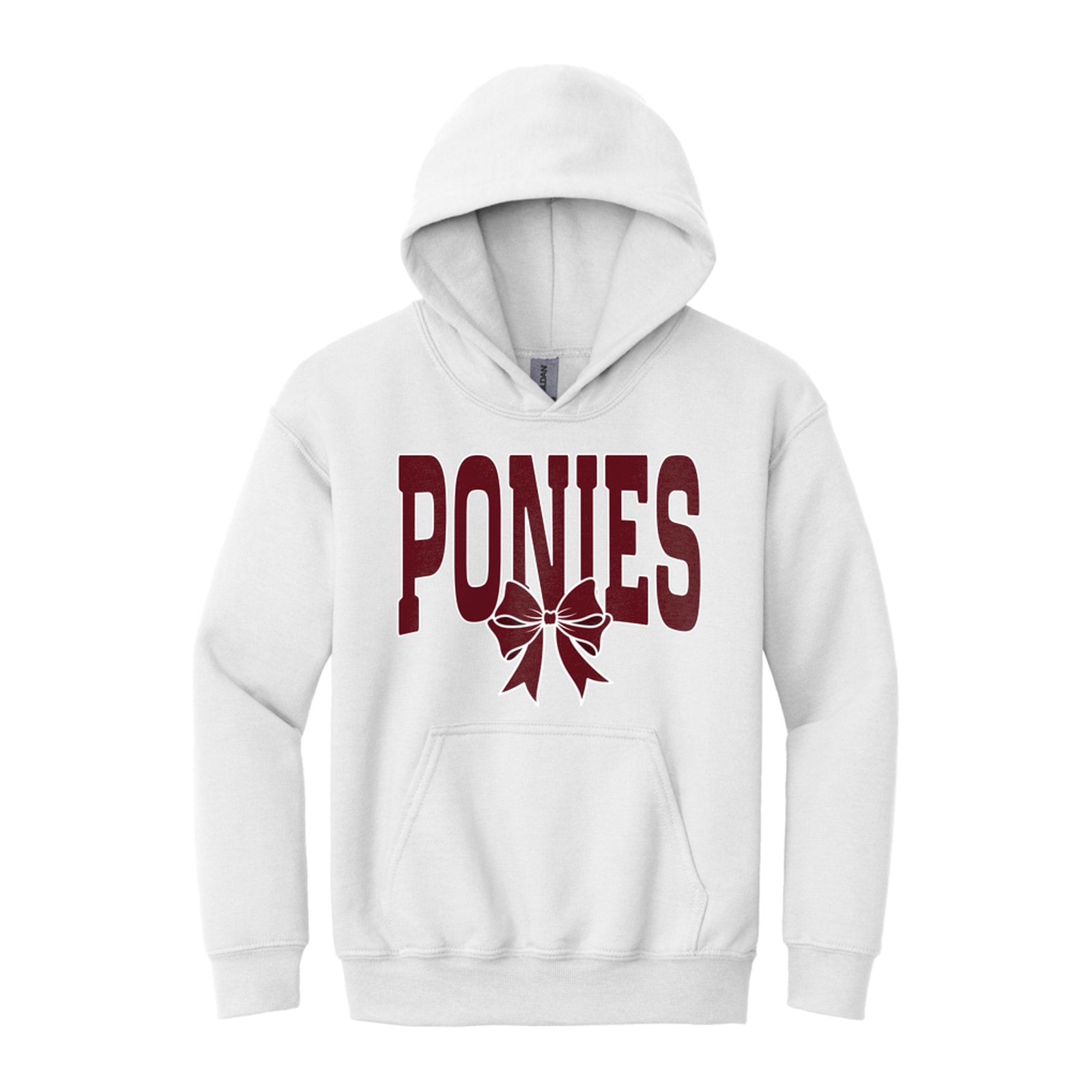 Ponies arch maroon maroon bow white outline Gildan - Youth Heavy Blend Hooded Sweatshirt. 18500B