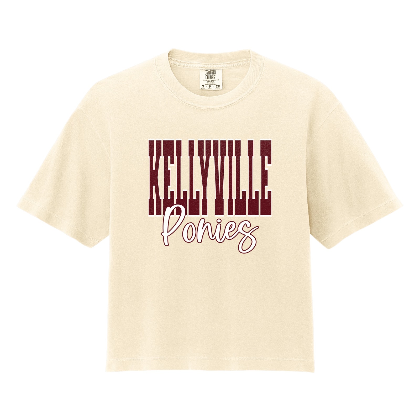 Kellyville ponies maroon white duo block script Comfort Colors 3023CL Cropped Tee