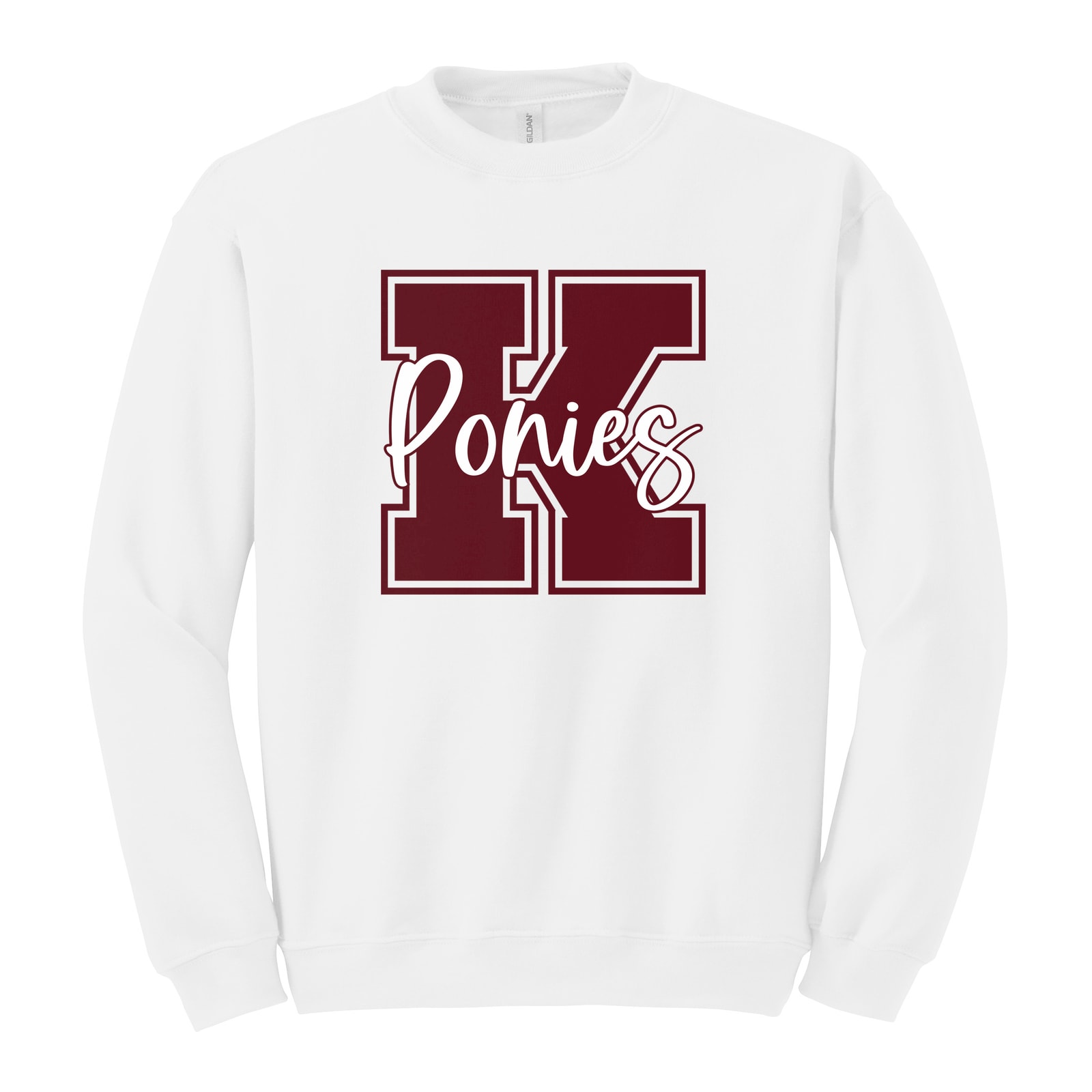 K ponies maroon white square block Gildan 18000 Fleece