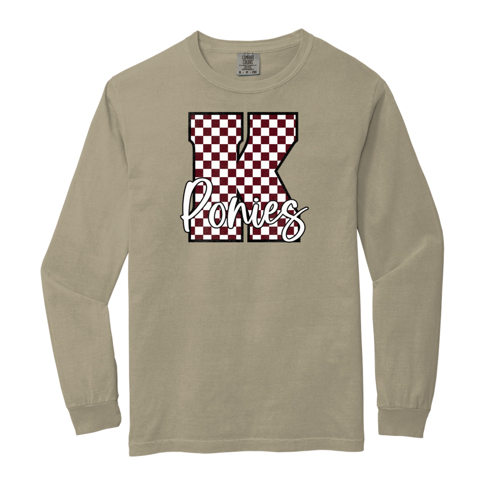 K maroon white checkers ponies white script Comfort Colors 6014 Long Sleeve
