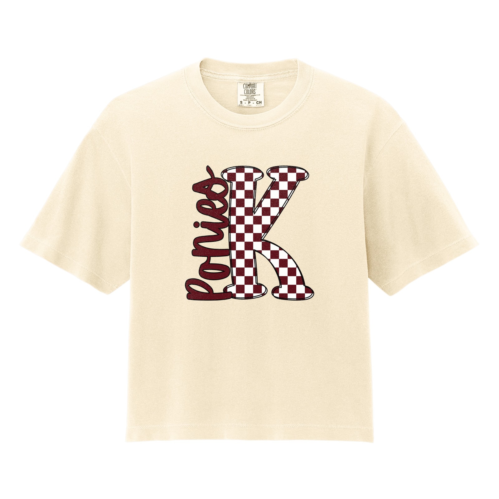 K big letter checkered ponies maroon white black Comfort Colors 3023CL Cropped Tee