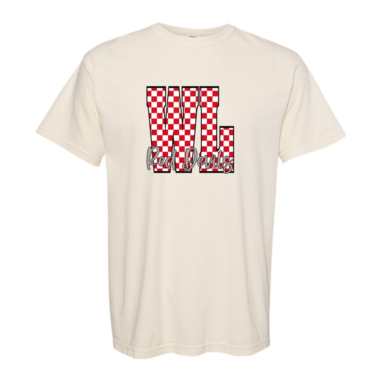 WL Scarlett white checkers Red Devils grey script