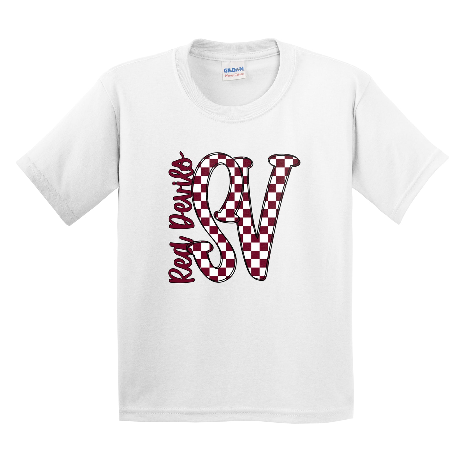 SV big letter checkered Red Devils maroon white Gildan 5000B Youth Tee