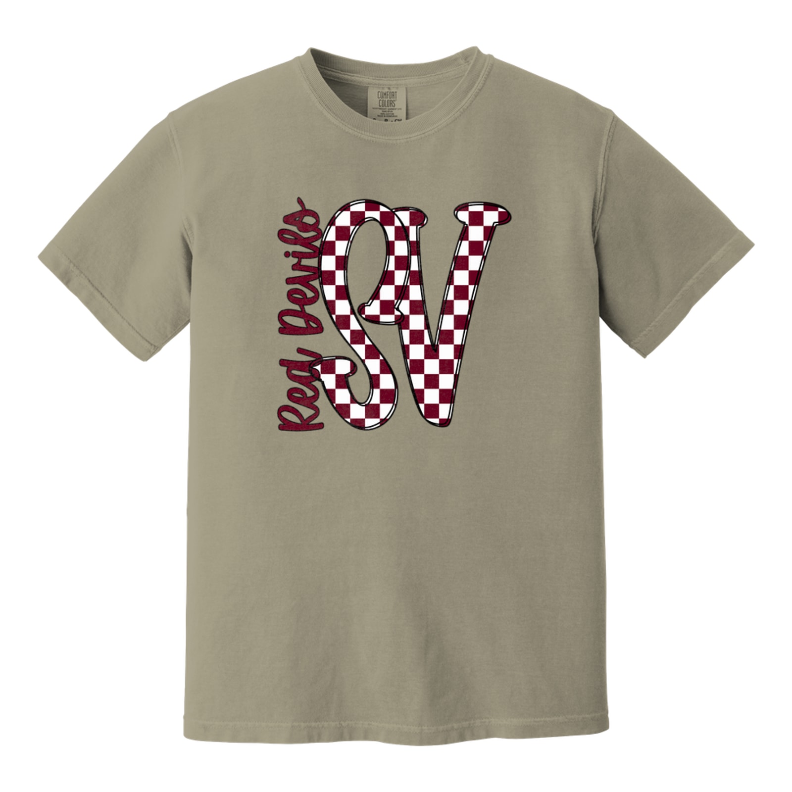 SV big letter checkered Red Devils maroon white
