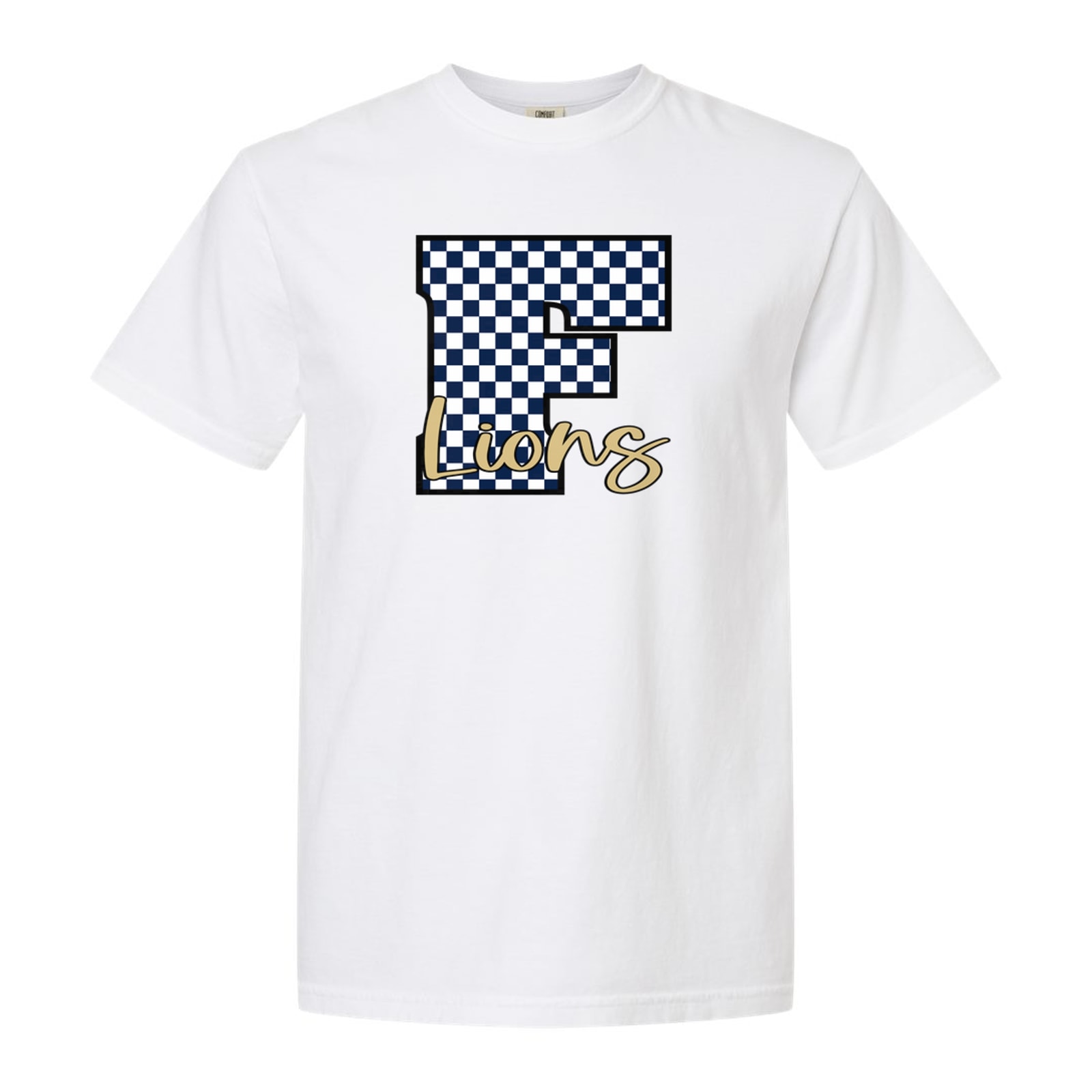 F navy white checkers lions vegas gold script Comfort Colors 6014 Long Sleeve