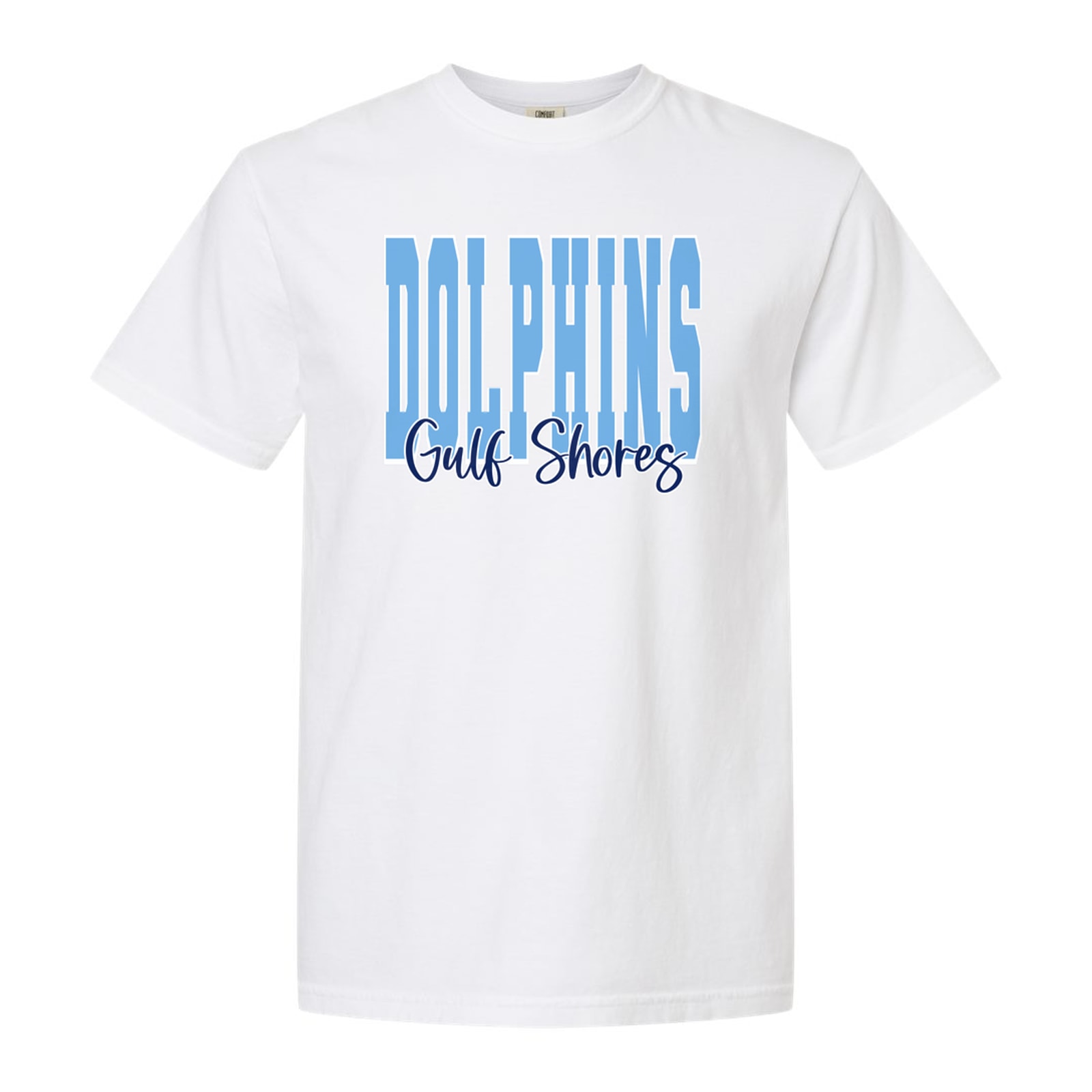 Dolphins Gulf Shore Columbia blue navy white block script Gildan 5000B Youth Tee