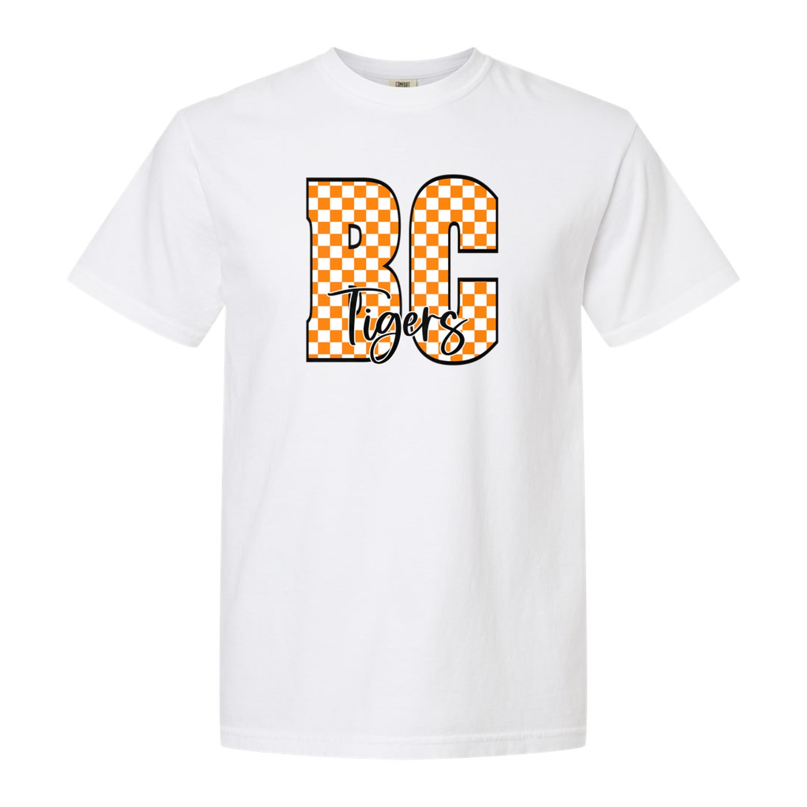 BC orange white checkers tigers black script Comfort Colors 3023CL Cropped Tee