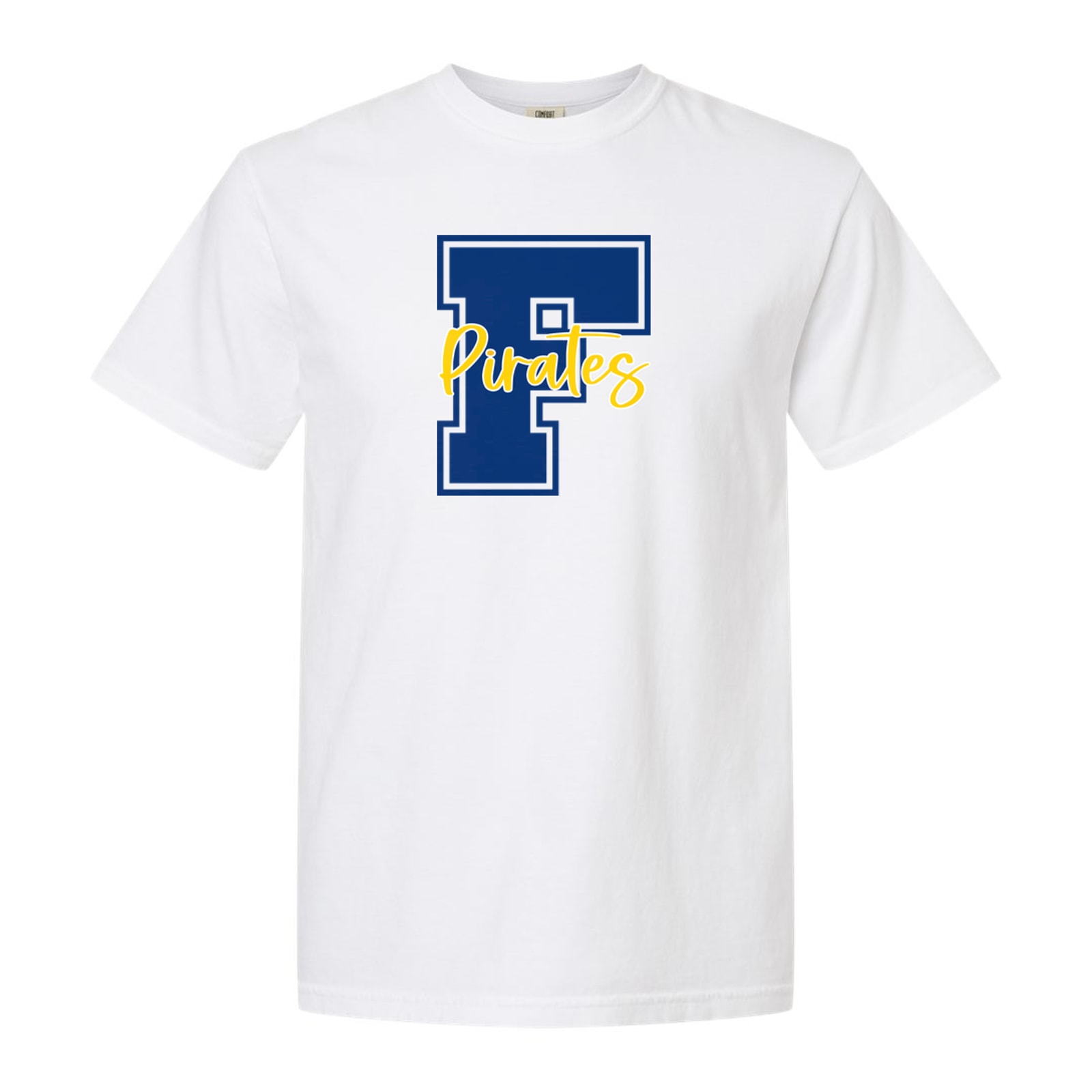 F Pirates royal blue gold square block Gildan 5000B Youth Tee