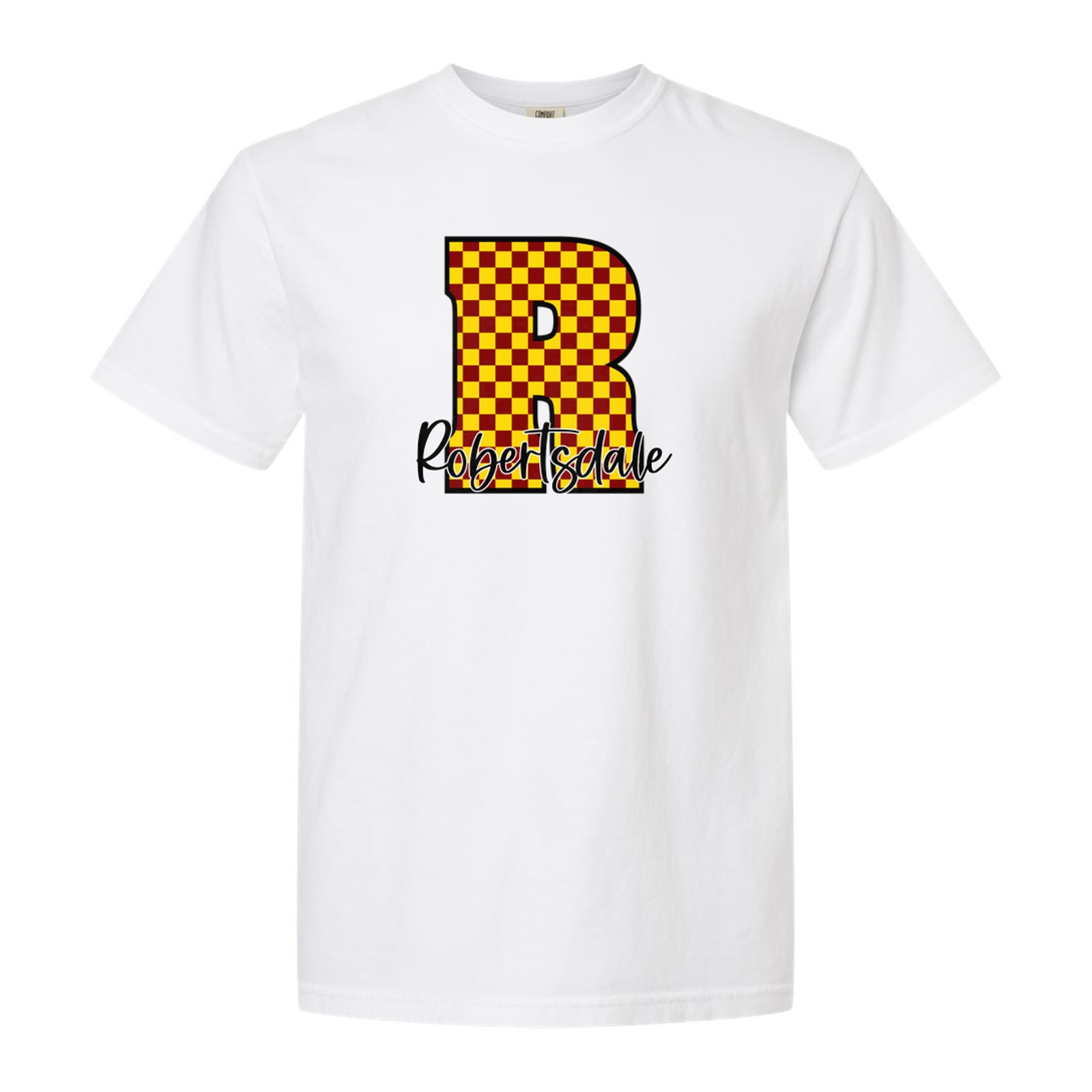 R maroon gold checkers robertsdale black script Bella+Canvas 6008 Racerback Tank