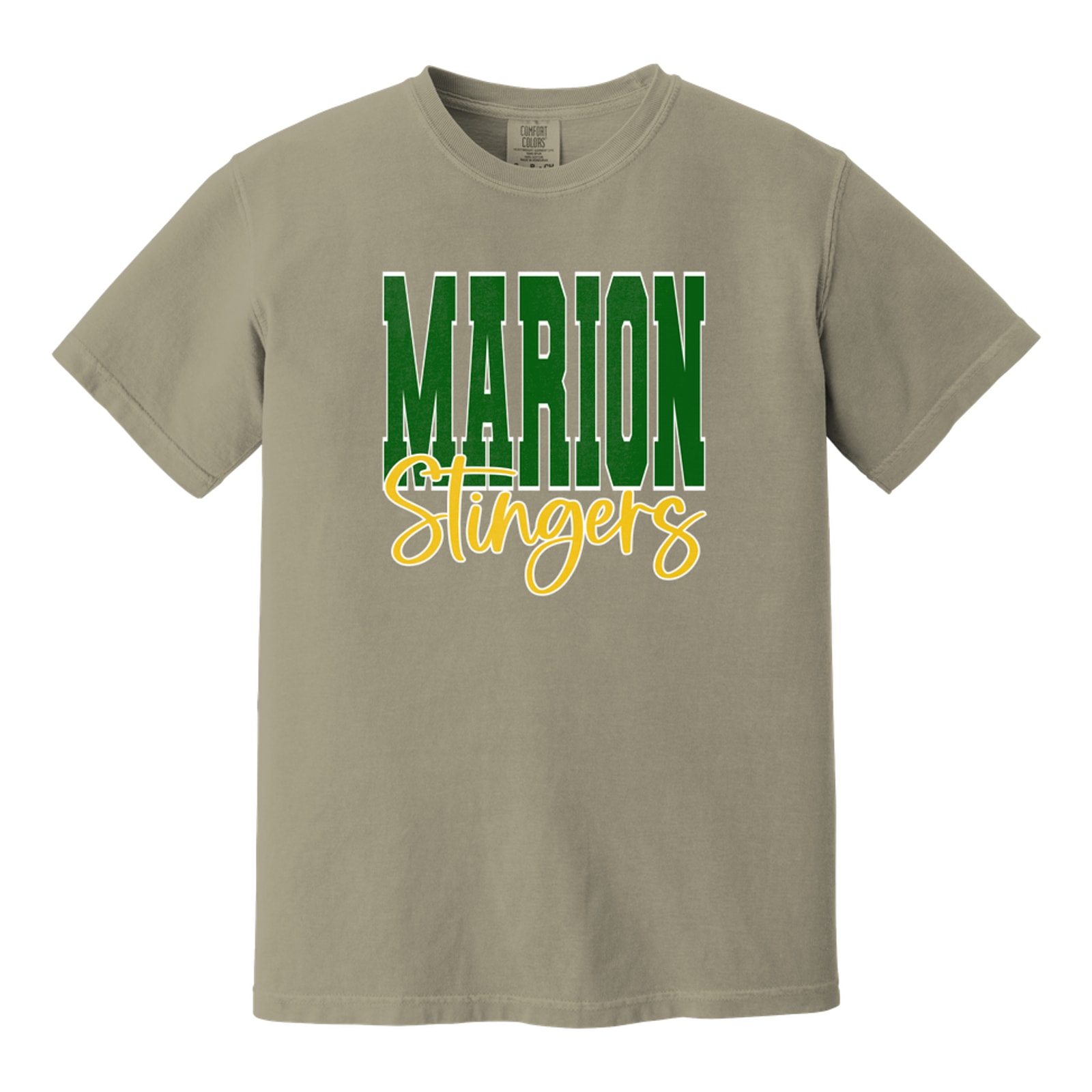 Marion stingers green gold white block script